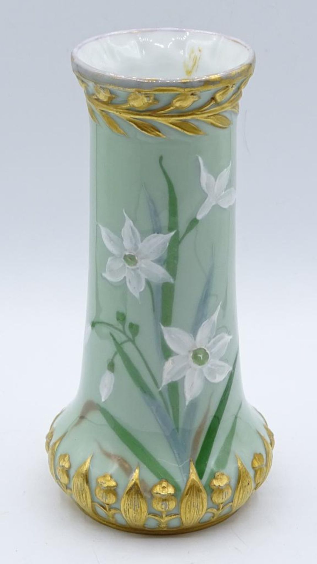 Jugendstil Vase "Pâte-sur-pâte",Florales Dekor,Goldbemalung,berieben,H-17,5 - Bild 2 aus 5