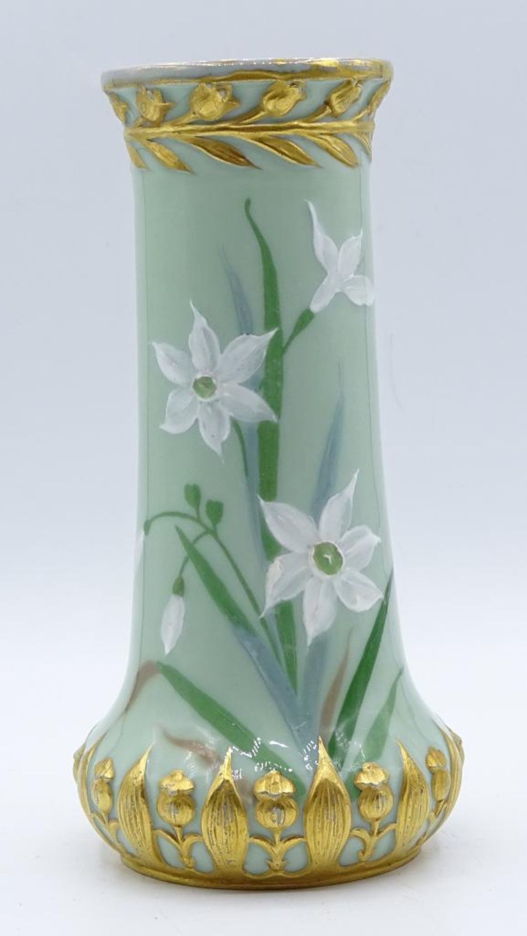 Jugendstil Vase "Pâte-sur-pâte",Florales Dekor,Goldbemalung,berieben,H-17,5