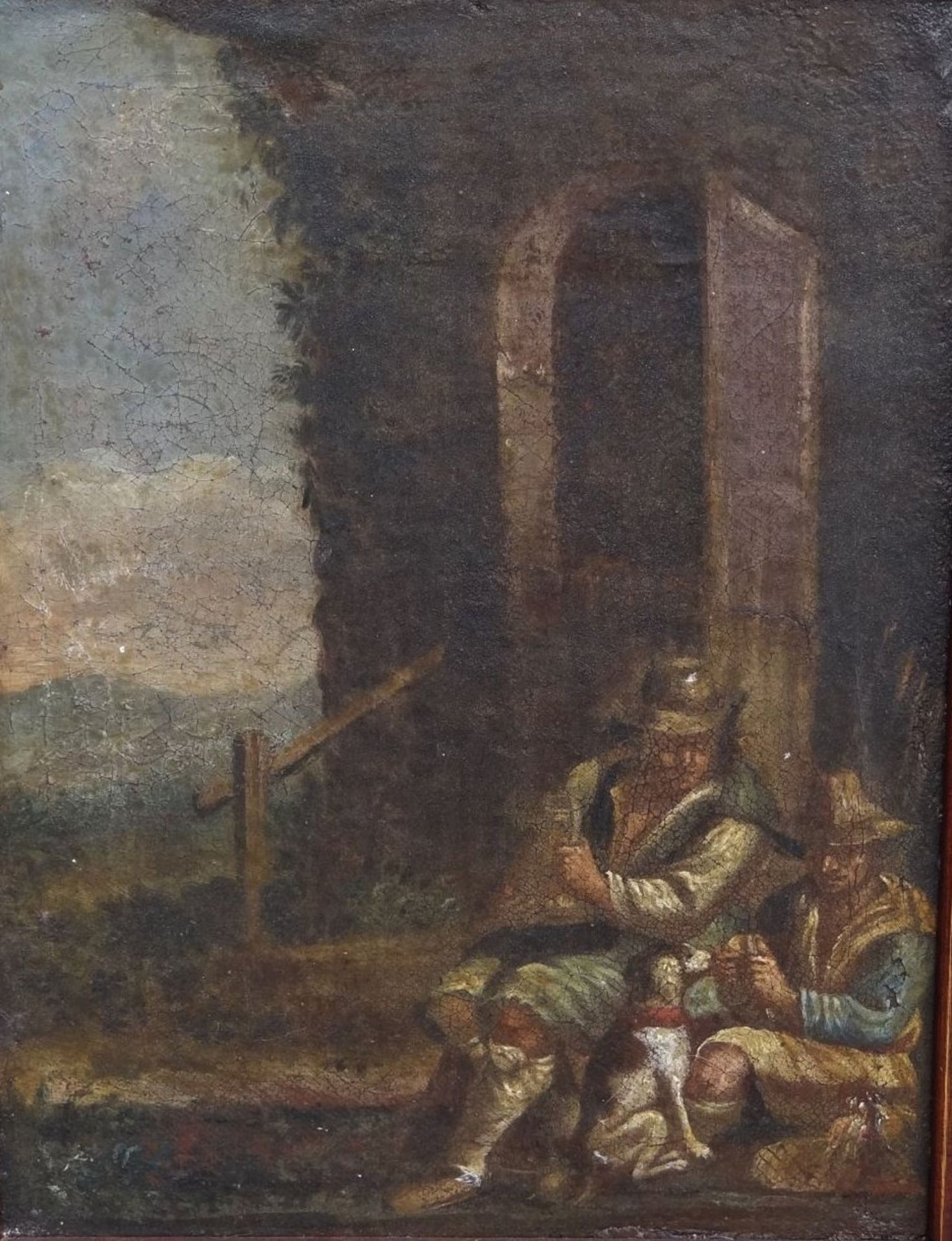 anonymer Altmeister, wohl um 1800 " Rastende mit Hund", Öl/Holz, reinigungsbedürftig, alt gerahmt, - Bild 3 aus 5