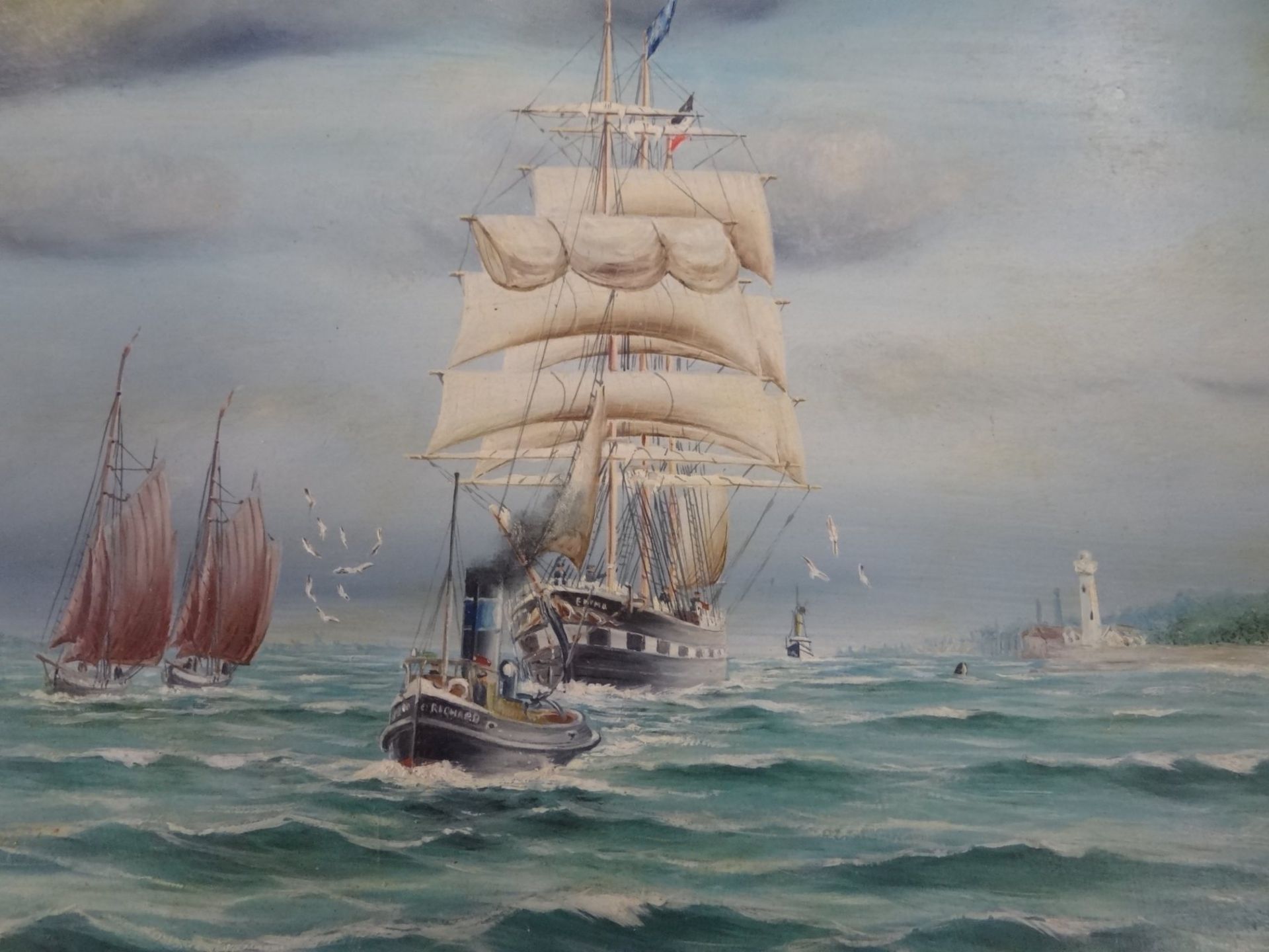 anonymes Segelschiff vor Küste, Öl/Malfaser, eine Ecke geknickt, 42x55 - Image 2 of 4