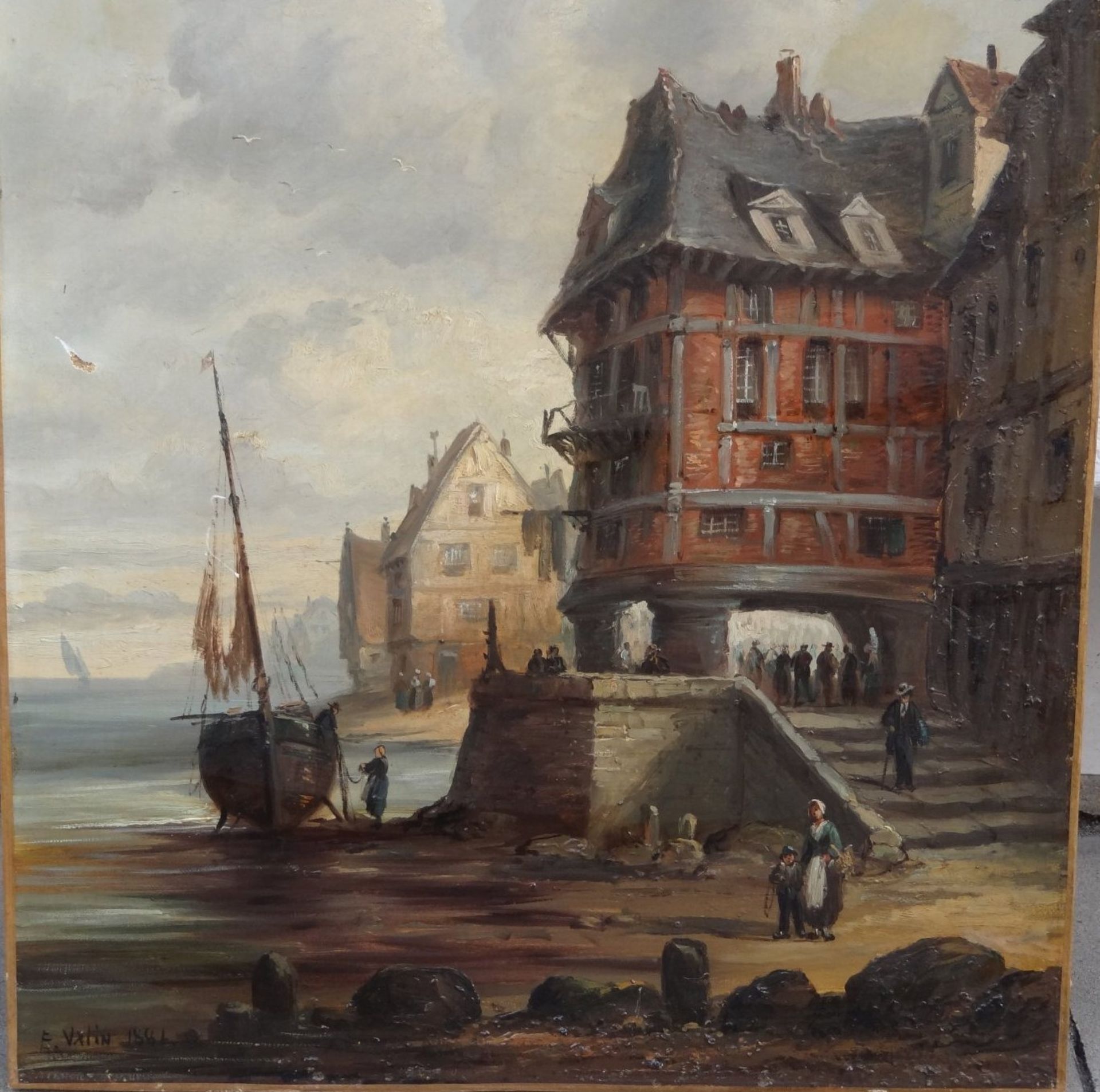E.Valin, 1881 "Hafenstadt", Öl/Leinen, doubliert, ein Loch mittig links, 65x54 c