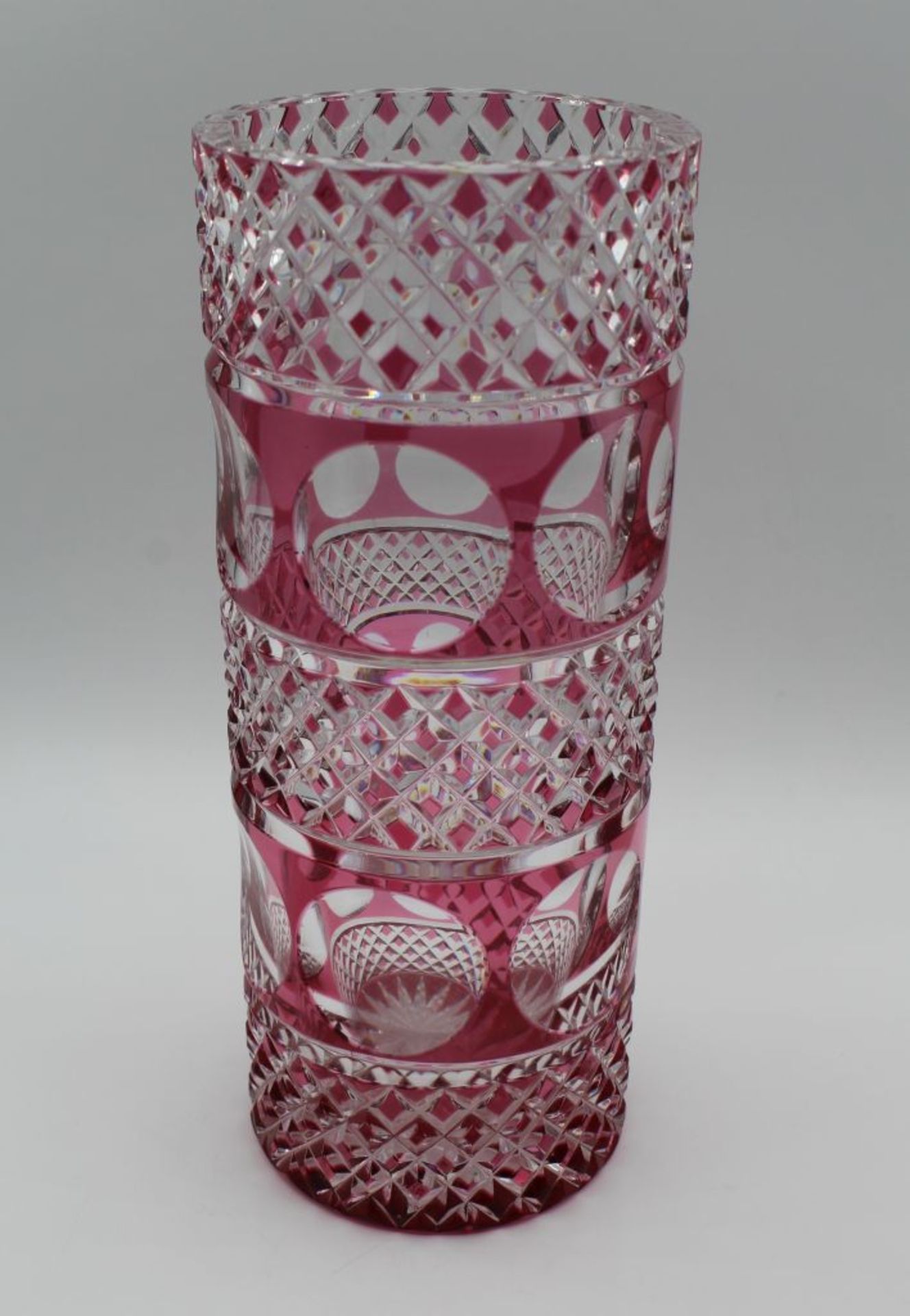 Zylinder Glas Vase, klar/rot,geschliffenes Glas,H- 22,5cm