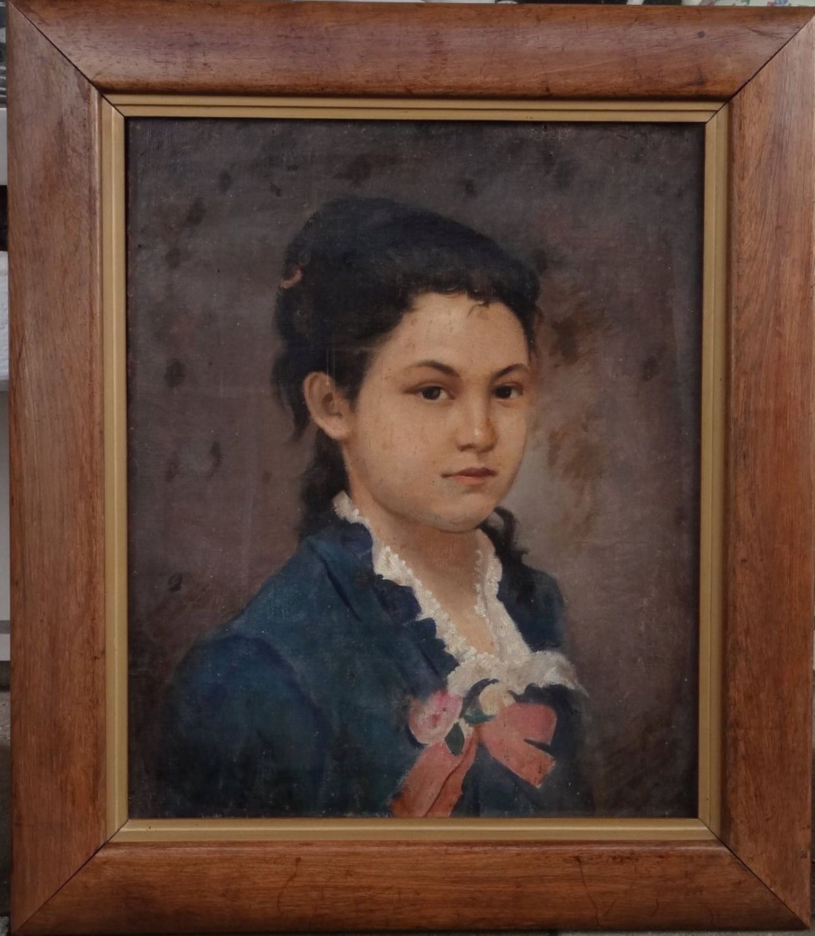 anonymes Mädchenportrait, Öl/Leinen, gerahmt, RG 60x52 cm, verso Auktionsaufkleber aus Rio de Janei - Bild 2 aus 6