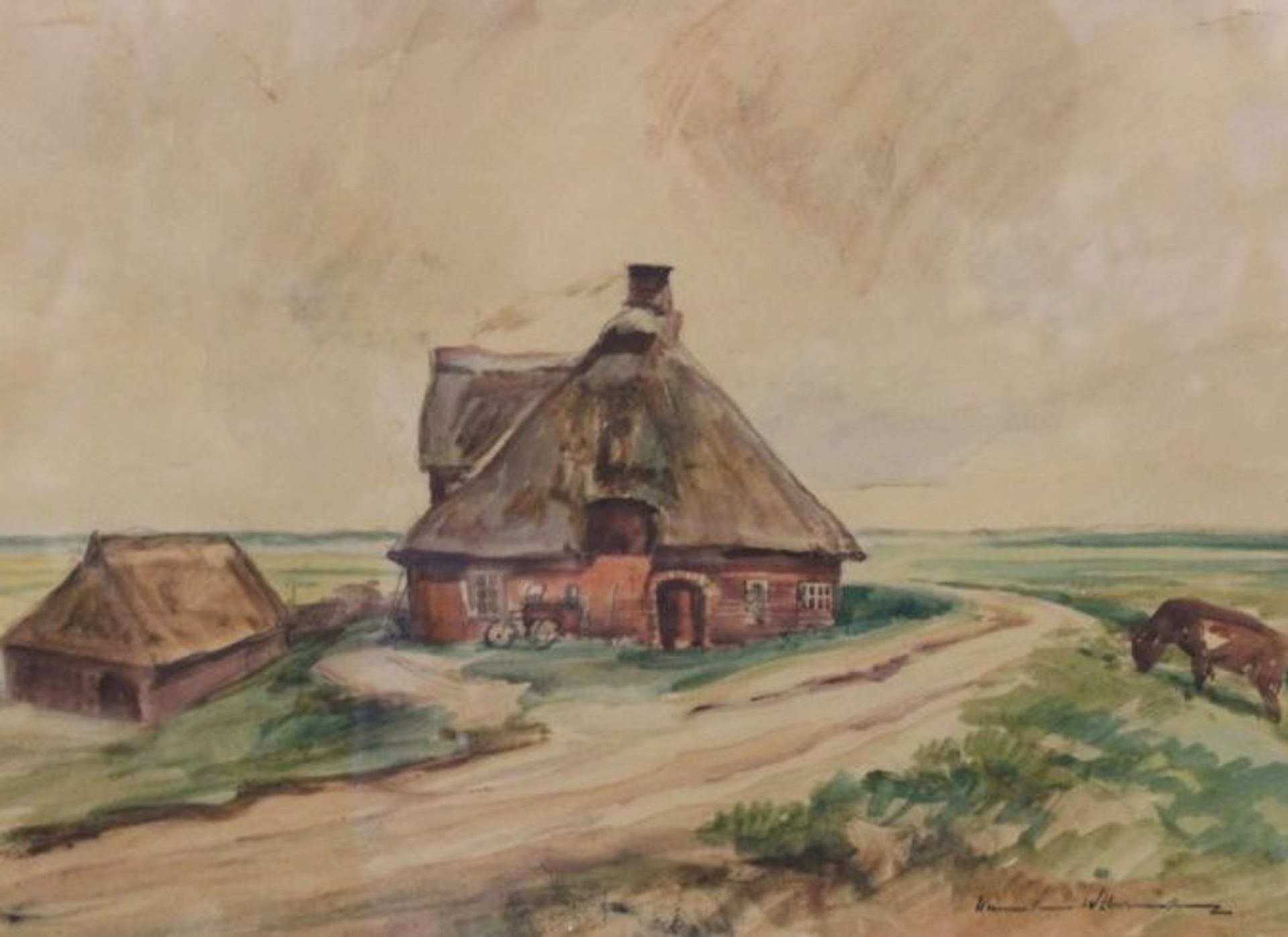 Hermann WEHRMANN (1897-1977) "Bauernkate am Deich", Aquarell, ger. /Glas, RG 52 x 61cm.