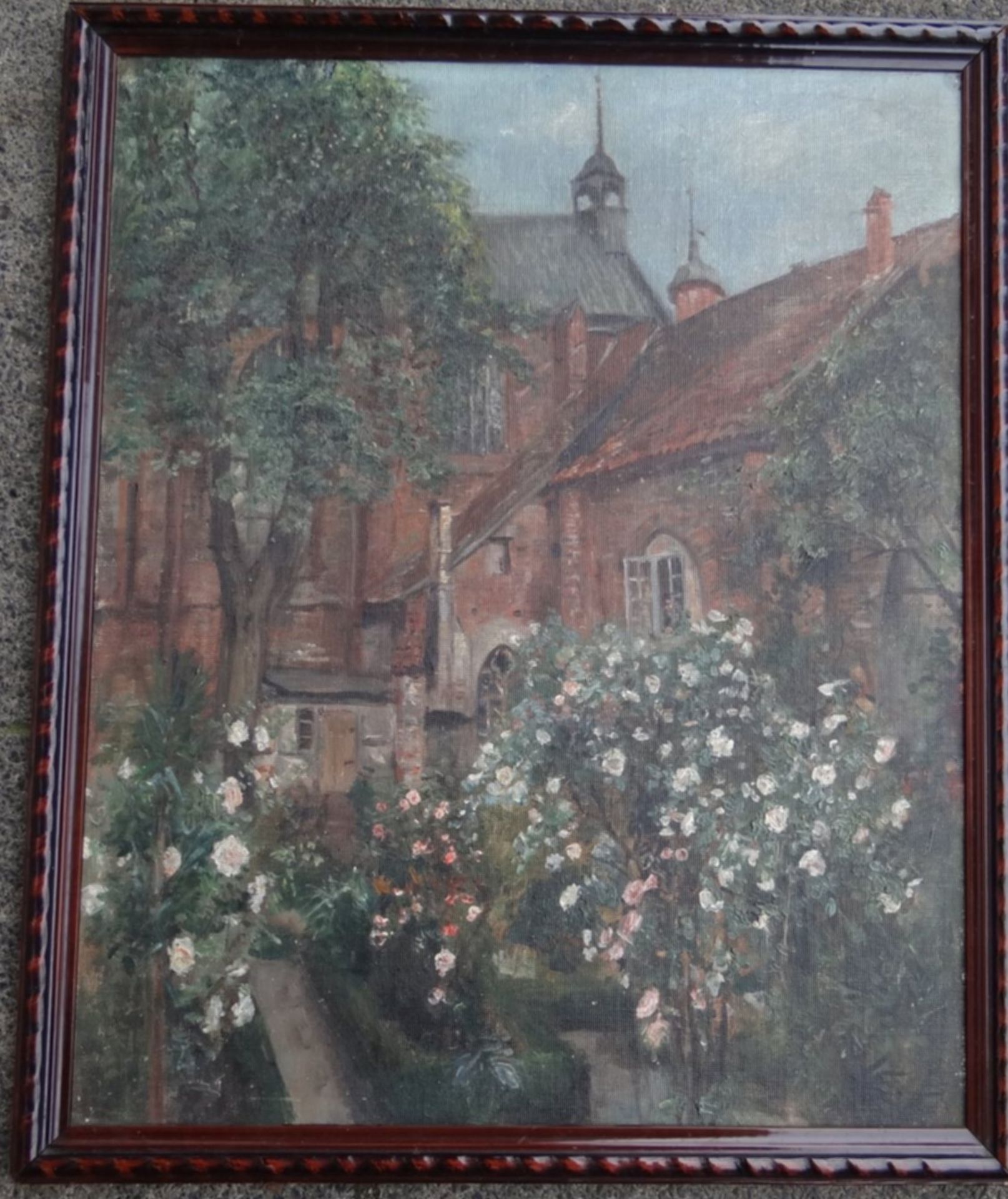 anonyme Kirchenansicht mit Blumengarten, Öl/Malfaser, gerahmt, RG 51x42 c - Image 2 of 6