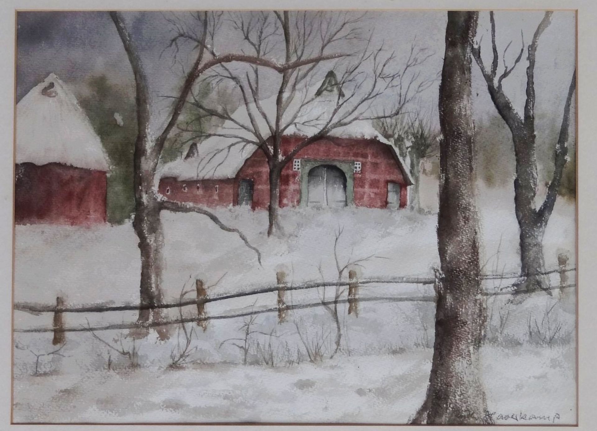 Ruth Haverkamp, Brhv (1923-1996) "Marschenhof im Winter" Aquarell, ger/Glas, RG 50x60 cm - Bild 2 aus 5