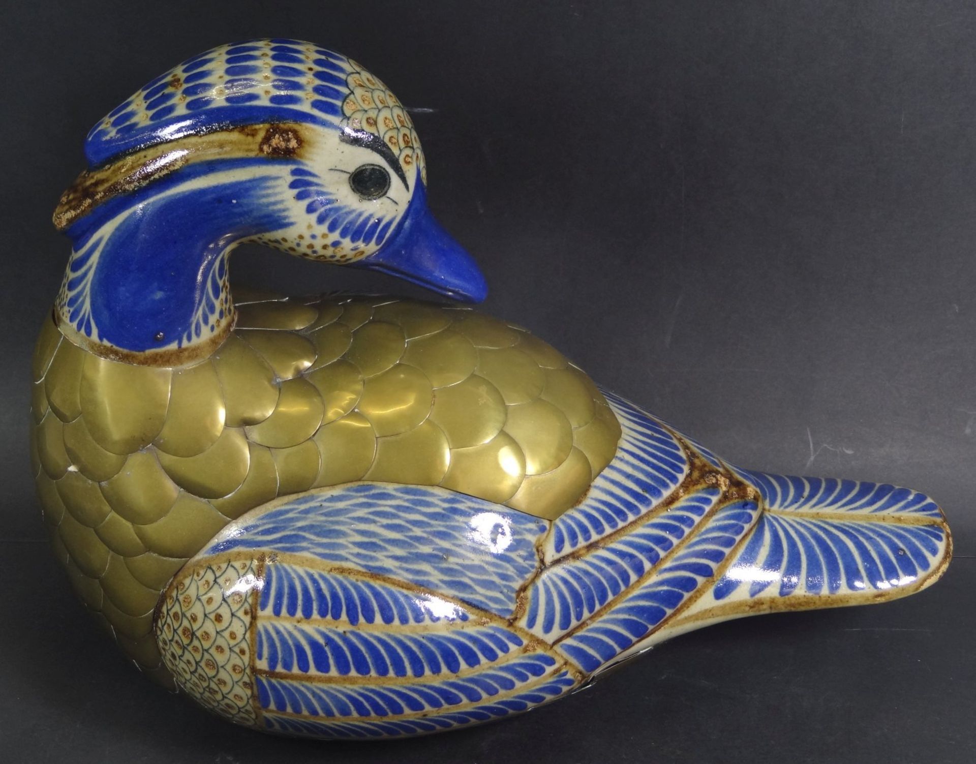 grosse Ente, Fayence mit Messing, Mexico, H-23 cm, L-33 cm