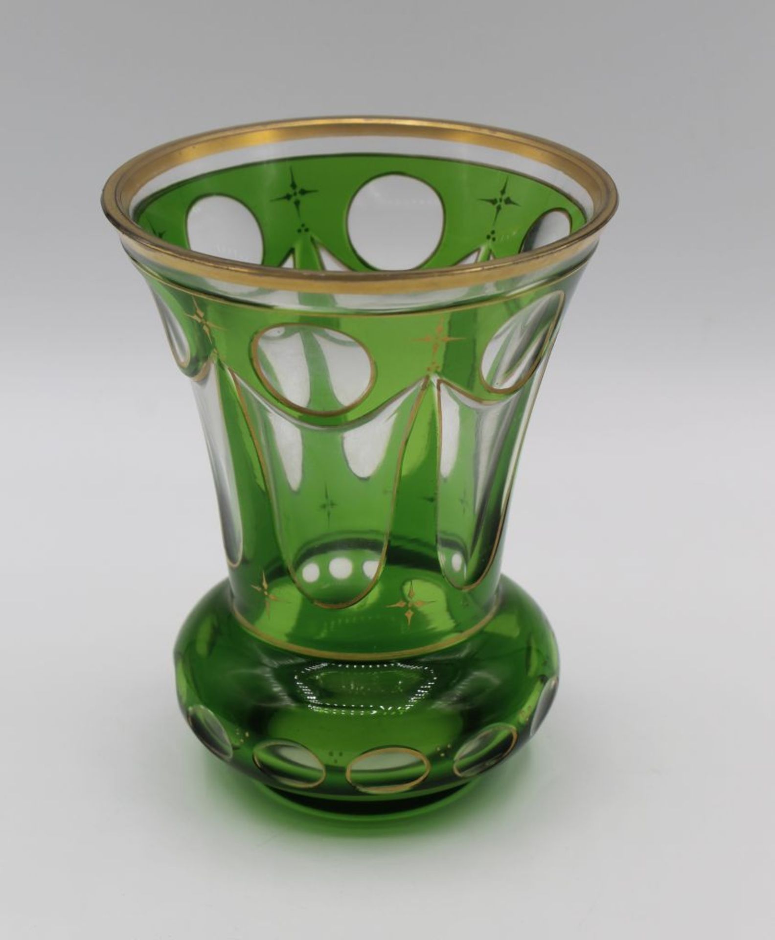 Grüne Glas Vase,Goldbemalung,Goldrand,H-13c