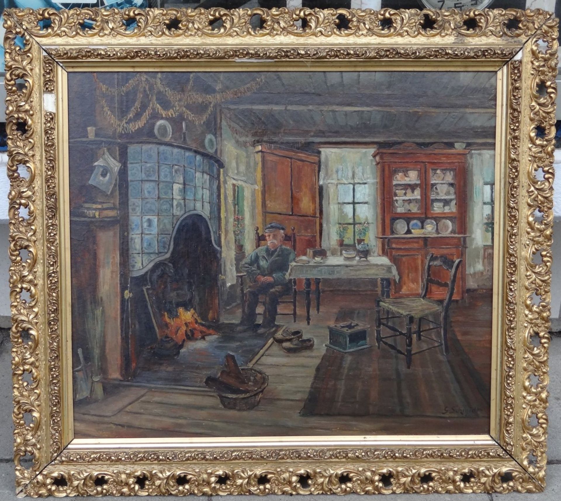 G.Schmidt, Emden "Mann am Kamin" Öl/Malfaser,, alt und beschädigt gerahmt, RG 60x67