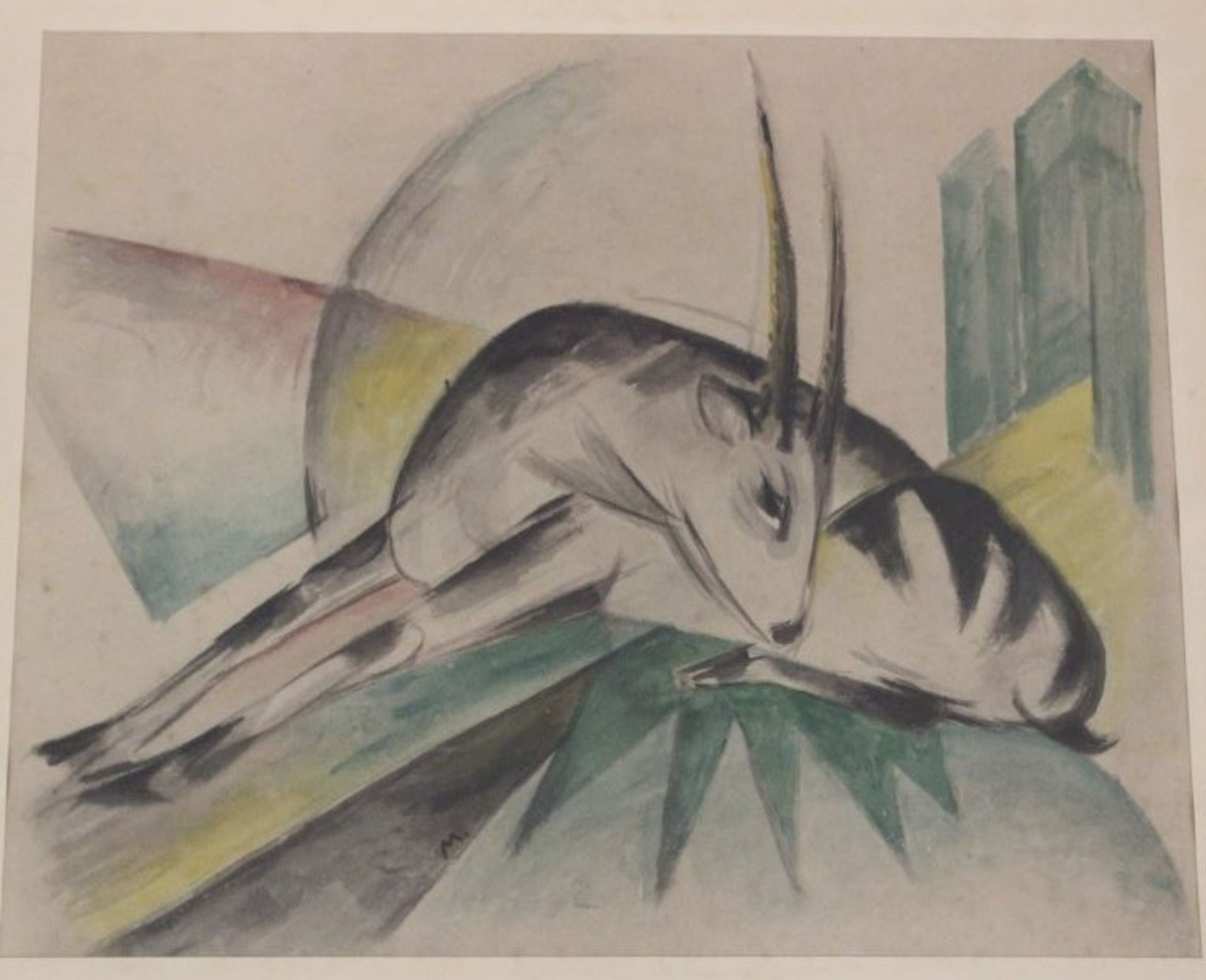 Franz MARC (1880-1916) Monogram "M", liegende Antilope, Lithografie, gerahmt/Glas, RG 61 x 67cm.