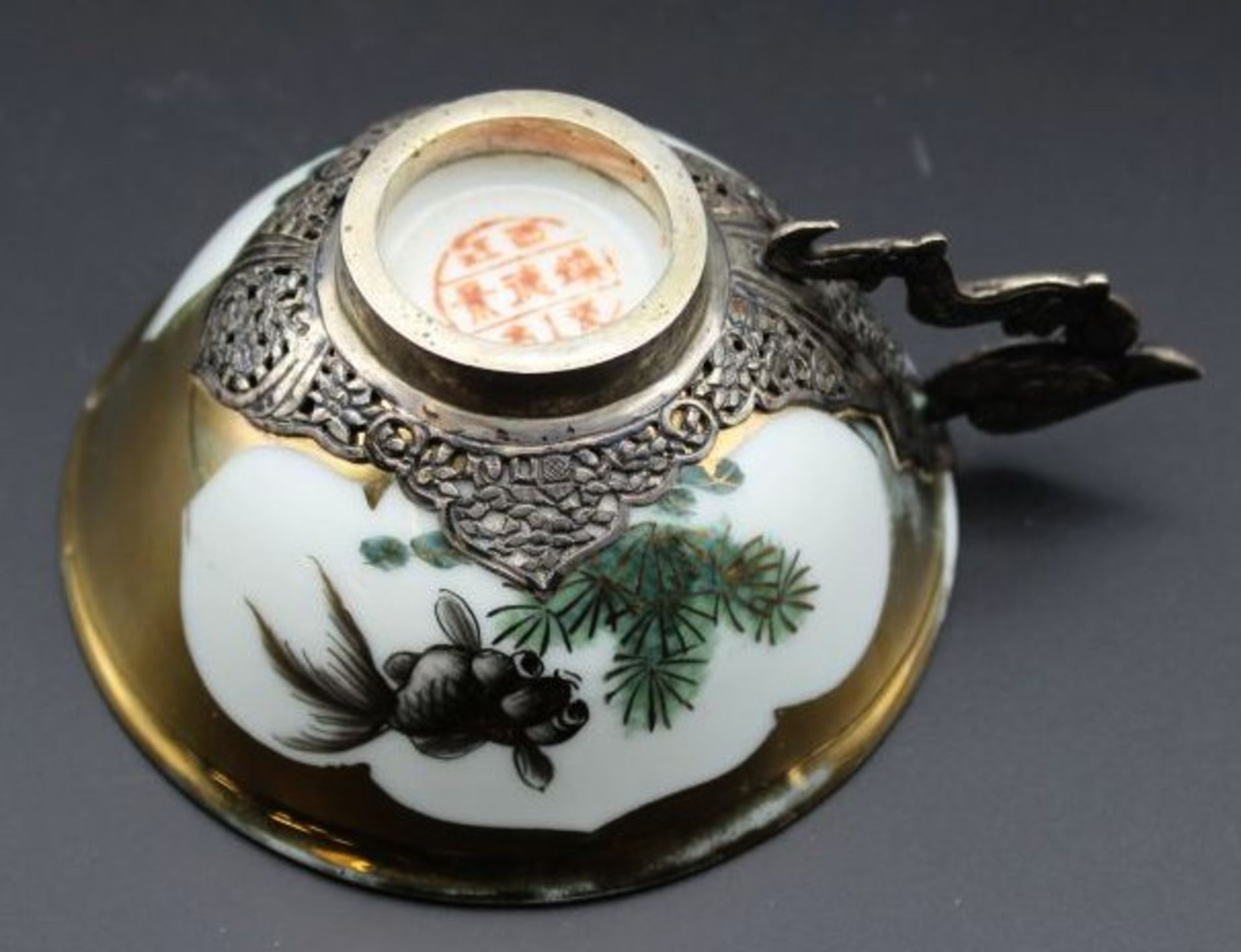 Teetasse, China, Silbermontur (gepr.), Handbemalt, gemarkt, H-4cm. - Bild 3 aus 3