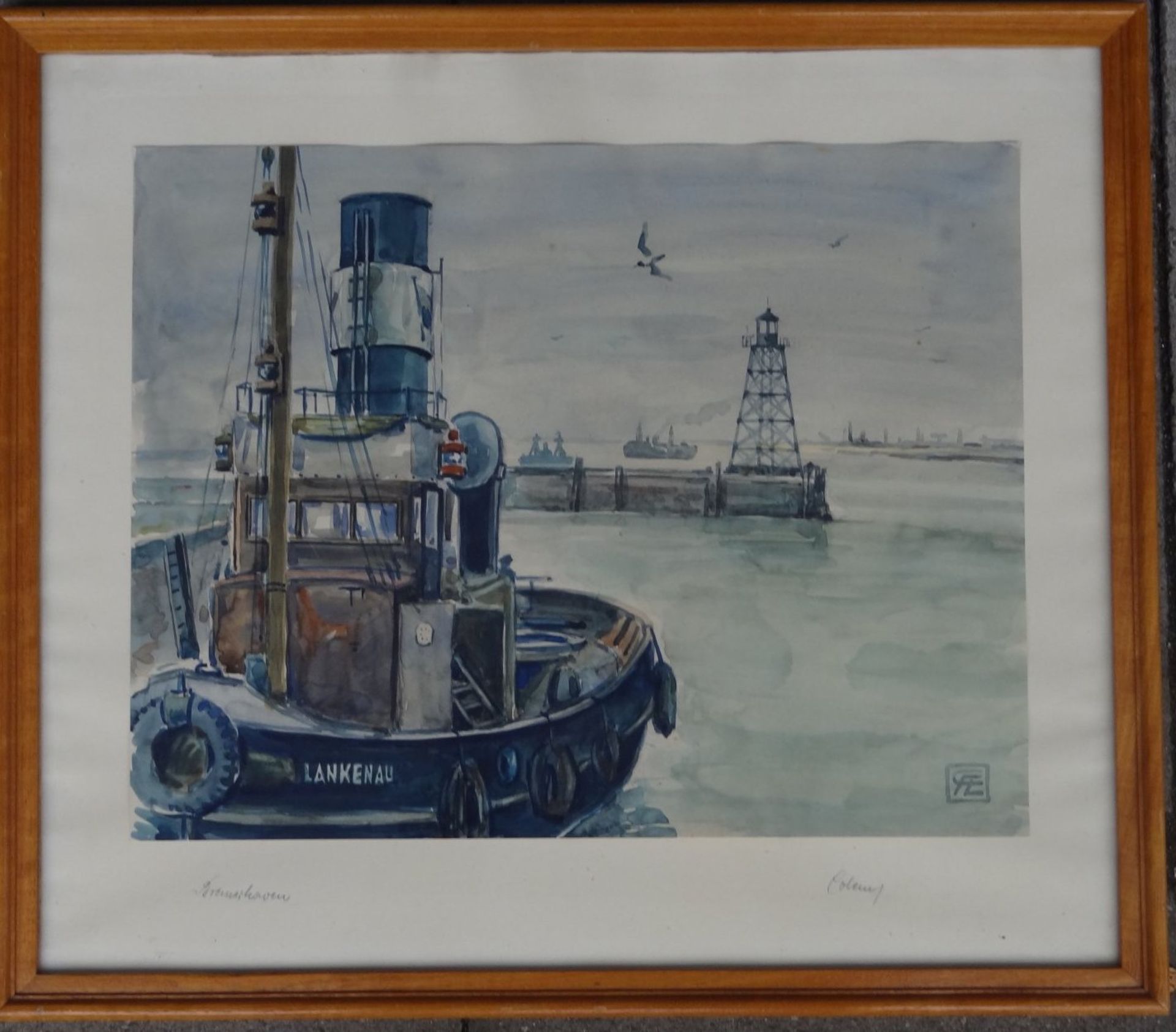 unleserlich signiert, Schlepper Lankenau im Brmerhavener Hafen, Aqurell, ger/Glas,RG 50x56 cm - Bild 2 aus 4