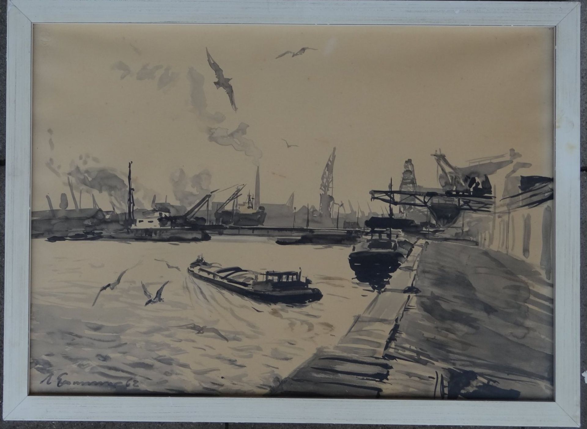 Klaus BEMMER (1921-1979) Hafen von Bremerhaven" Aquarell, ger/Glas, RG 50x67 cm