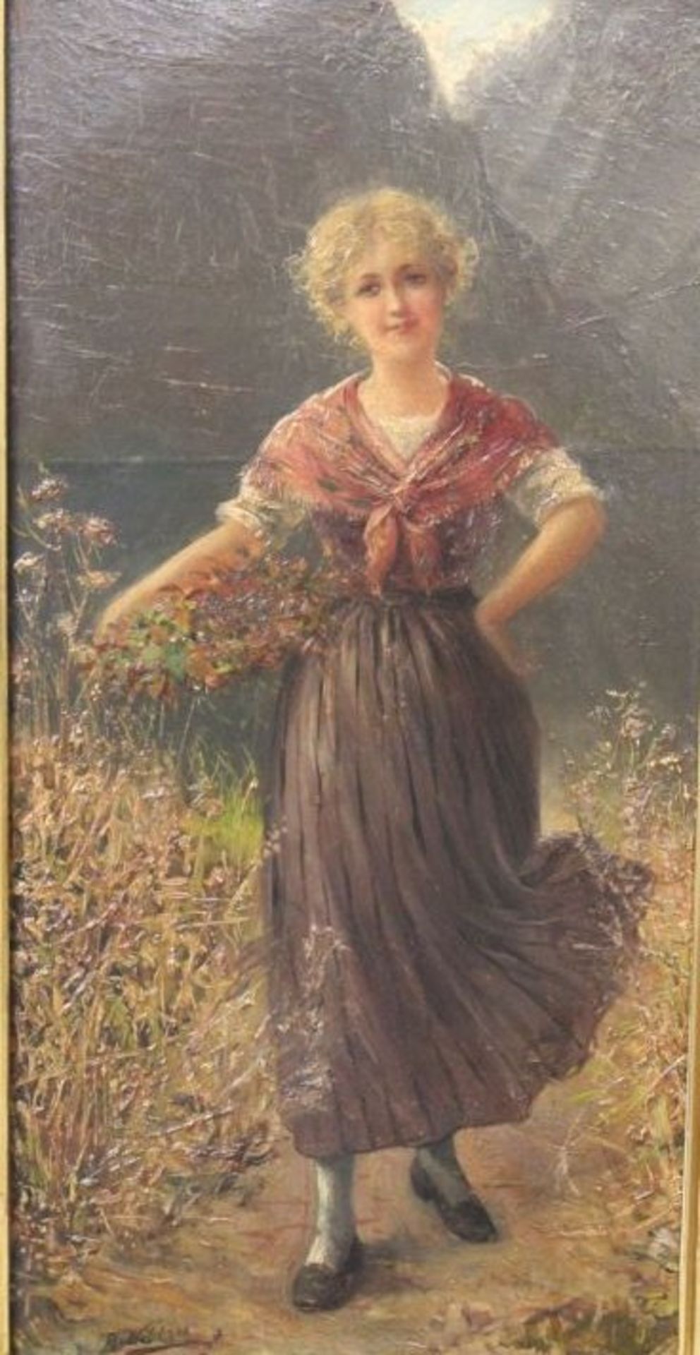 Wildau, A. (Ende 19. Jh.) "Junge Frau mit Blumenkorb", Öl/Holz, gut gerahmt, RG 65 x 44cm.