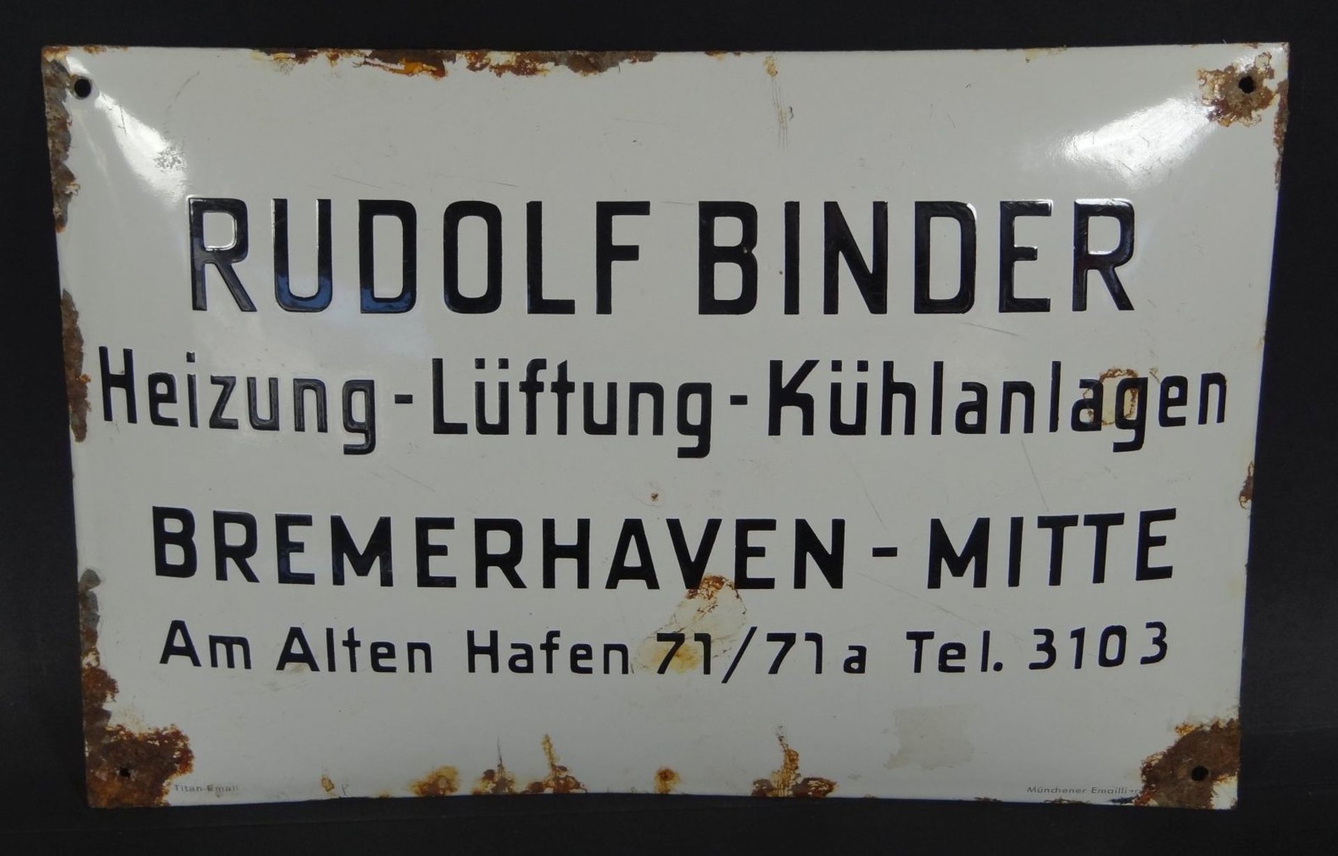 altes emailliertes Firmenschild, , Alters-u. Gebrauchsspuren, gewölbt, 20x30 cm