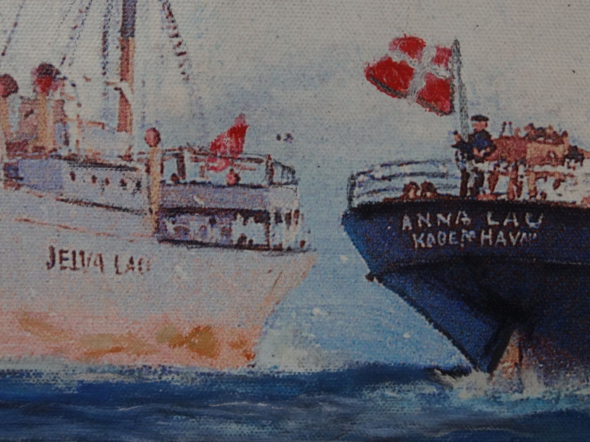 unleserl. sign., zwei dänische Frachter, Öl/Leinen, reinigungsbedürftig, 40x50 cm, Keilrahmen schwer - Bild 4 aus 6