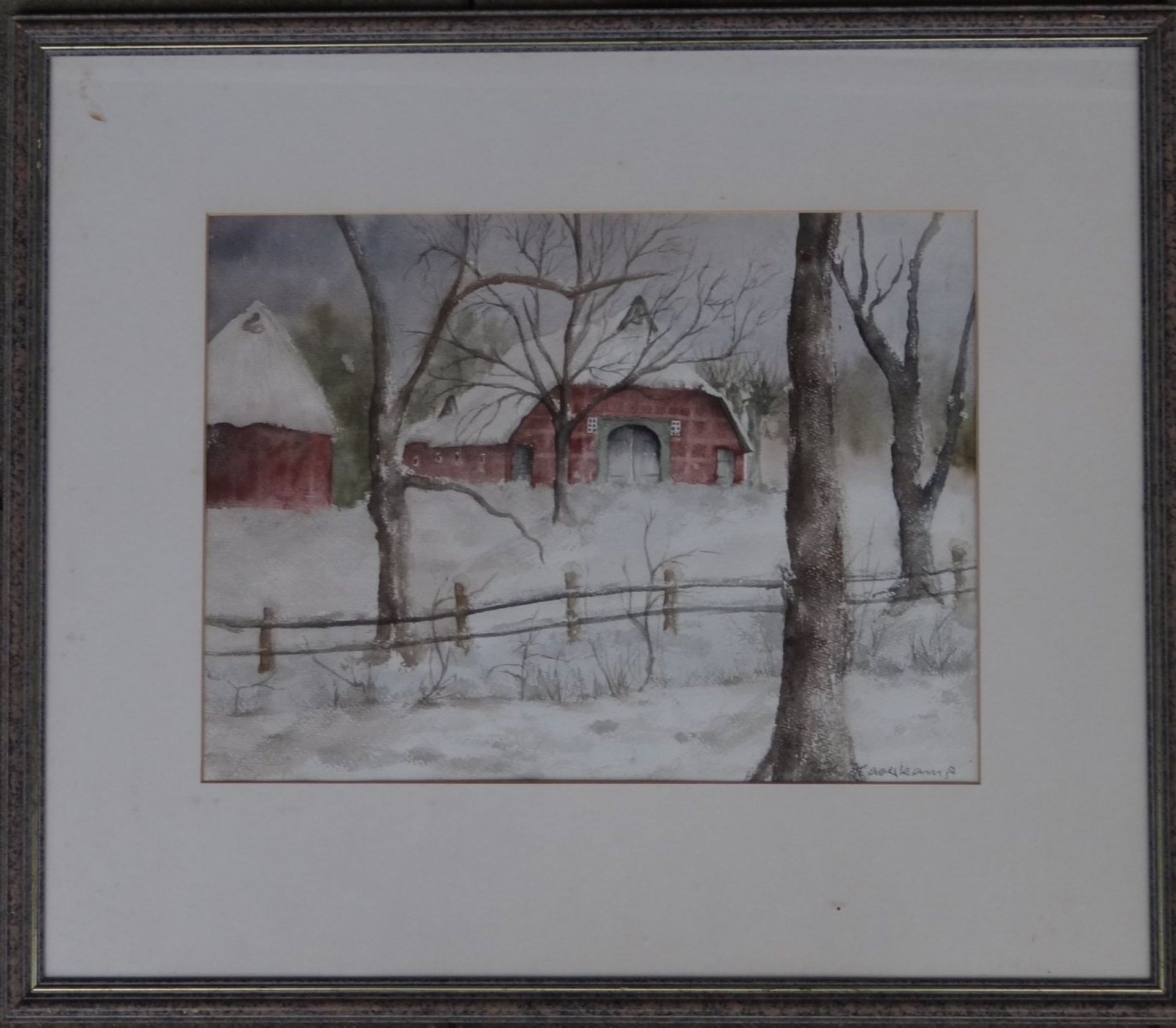 Ruth Haverkamp, Brhv (1923-1996) "Marschenhof im Winter" Aquarell, ger/Glas, RG 50x60 cm