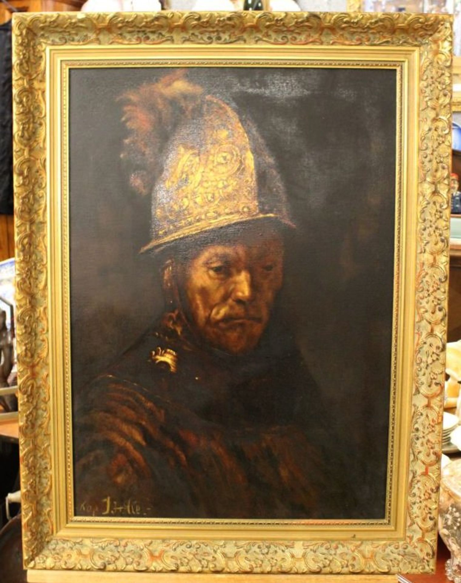 J.H. cop. "Der Mann mit dem Goldhelm", Öl/Leinwand, gerahmt, RG 84 x 65cm. - Bild 3 aus 3