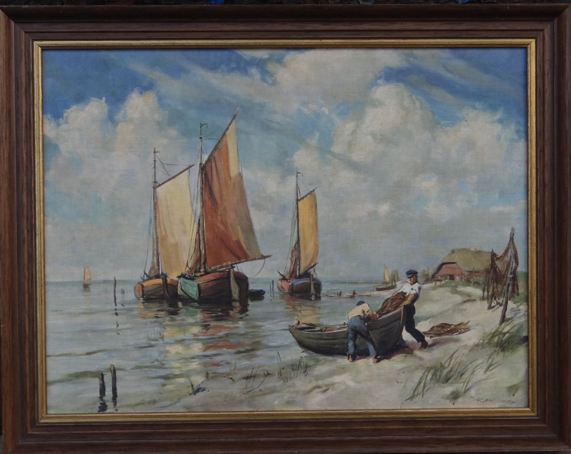 unleserl. sign. "Fischerboote am Strand", Öldruck/Leinen, gerahmt, RG 46x59 c - Bild 2 aus 5