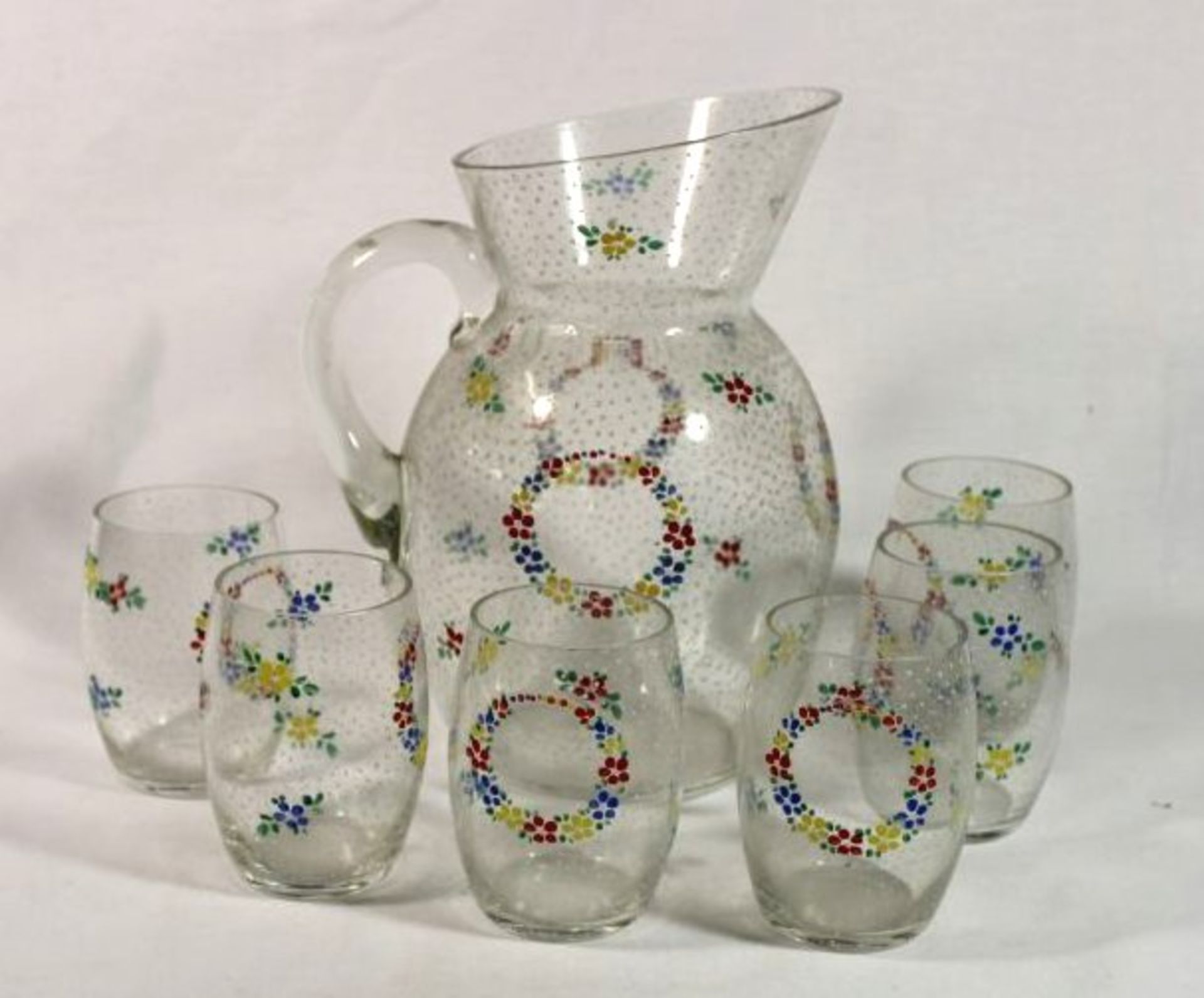 7tlg. Limonaden-Set, 60er Jahre, Emaillemalerei, 1x Glas bestossen, Krug H-22cm.