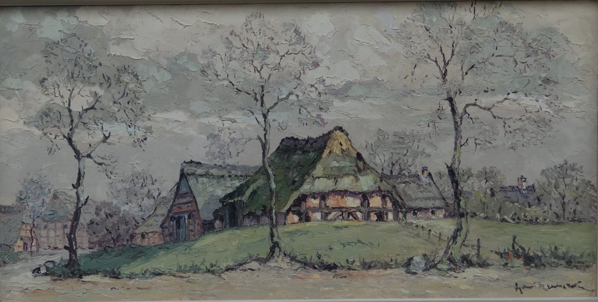Hans HENTSCHKE (1889-1969), 1968 "norddt. Bauernhaus" Öl/Leinen, gerahmt, RG 53x90 c