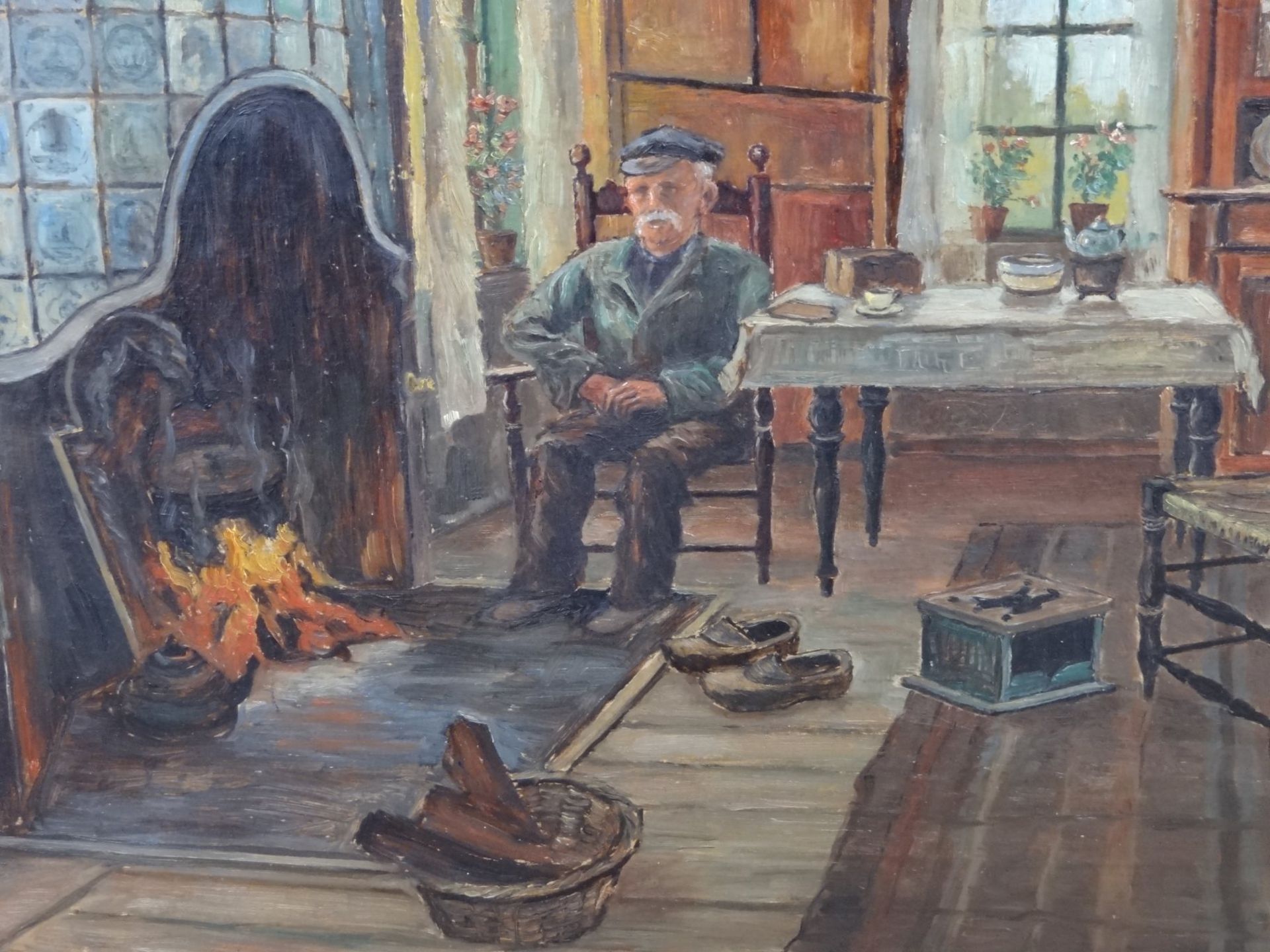 G.Schmidt, Emden "Mann am Kamin" Öl/Malfaser,, alt und beschädigt gerahmt, RG 60x67 - Bild 3 aus 7