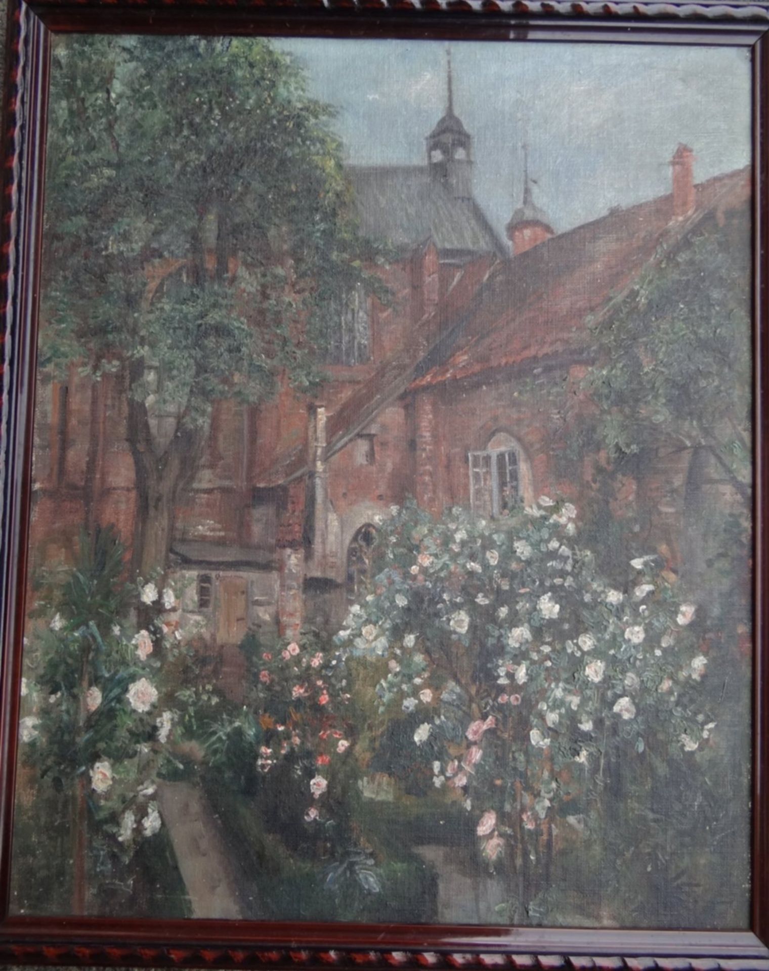 anonyme Kirchenansicht mit Blumengarten, Öl/Malfaser, gerahmt, RG 51x42 c - Image 3 of 6