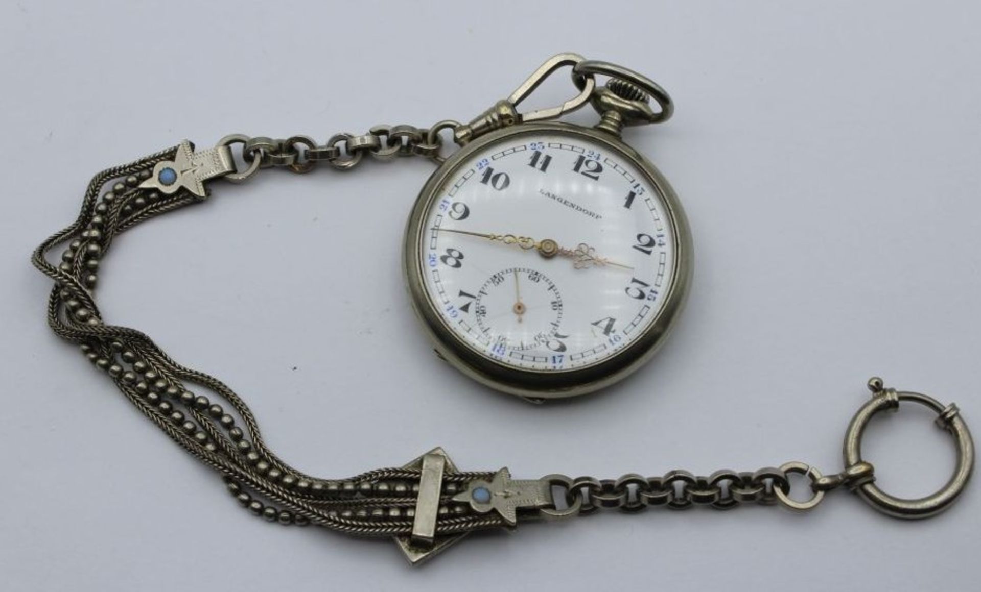 Taschenuhr, Langendorf, Nickelgehäuse, um 1920, an schöner Jugendstil-Uhrenkette, Kronenaufzug