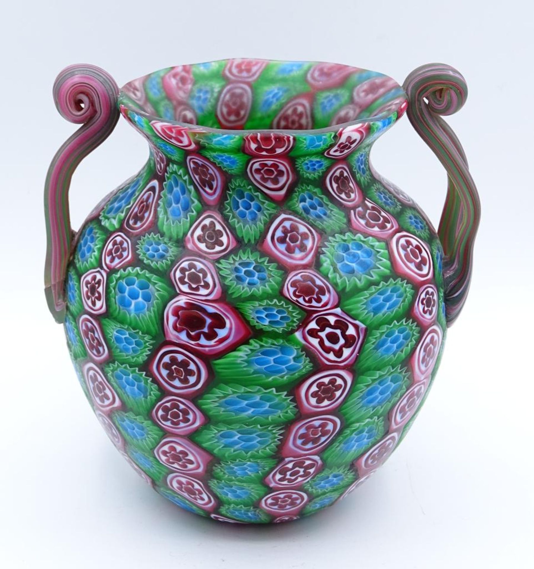 Doppelhenkelvase,Murano, "Murrine",Fratelli Toso, eine Henkelseite geklebt,H-14,5cm, - Bild 2 aus 5