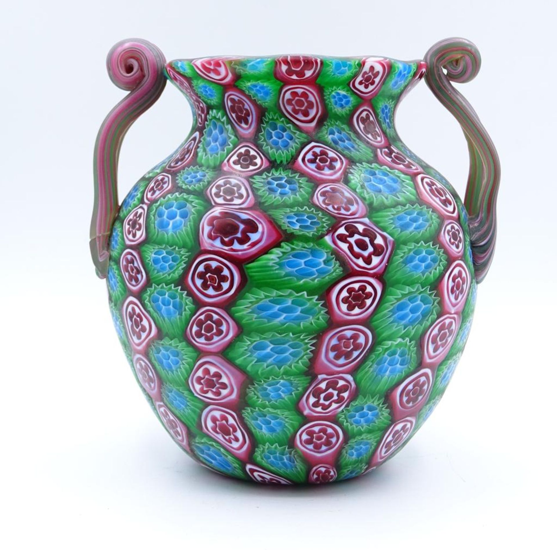 Doppelhenkelvase,Murano, "Murrine",Fratelli Toso, eine Henkelseite geklebt,H-14,5cm,