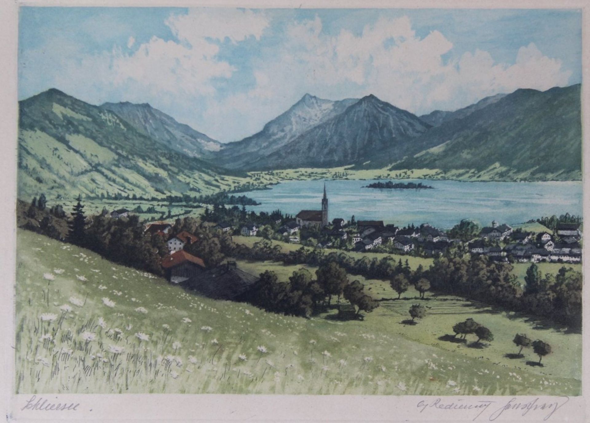 unleserl. signierte aquarellierte Farbradierung "Schlieersee", ger/Glas, RG 33x42 cm - Bild 2 aus 5