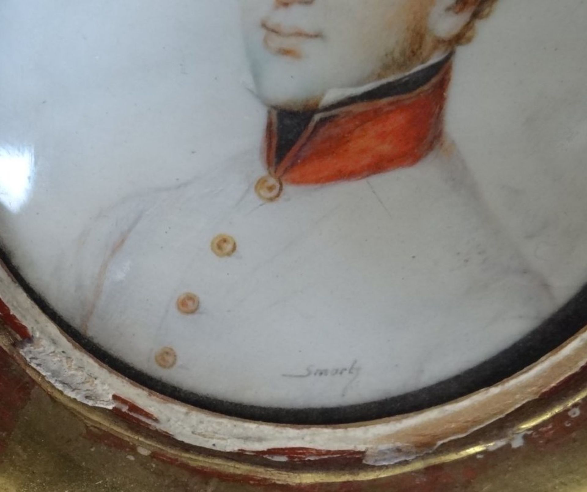 Smartz sign. Miniatur-Portrait eines jungen Offiziers, beschädigt gerahmt, RG 12x12 c - Bild 4 aus 5