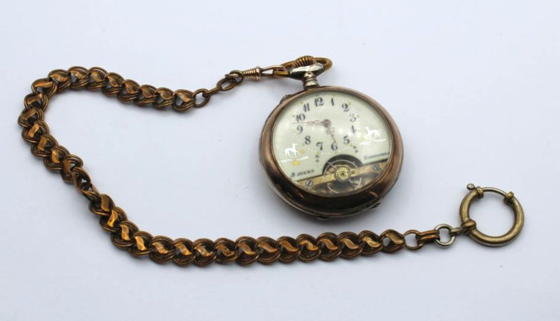 Hebdomas Taschenuhr mit 8-Tage-Werk, Schweiz um 1910, an Doublé-Kette, 800er Silbergehäuse, D-4,5cm.