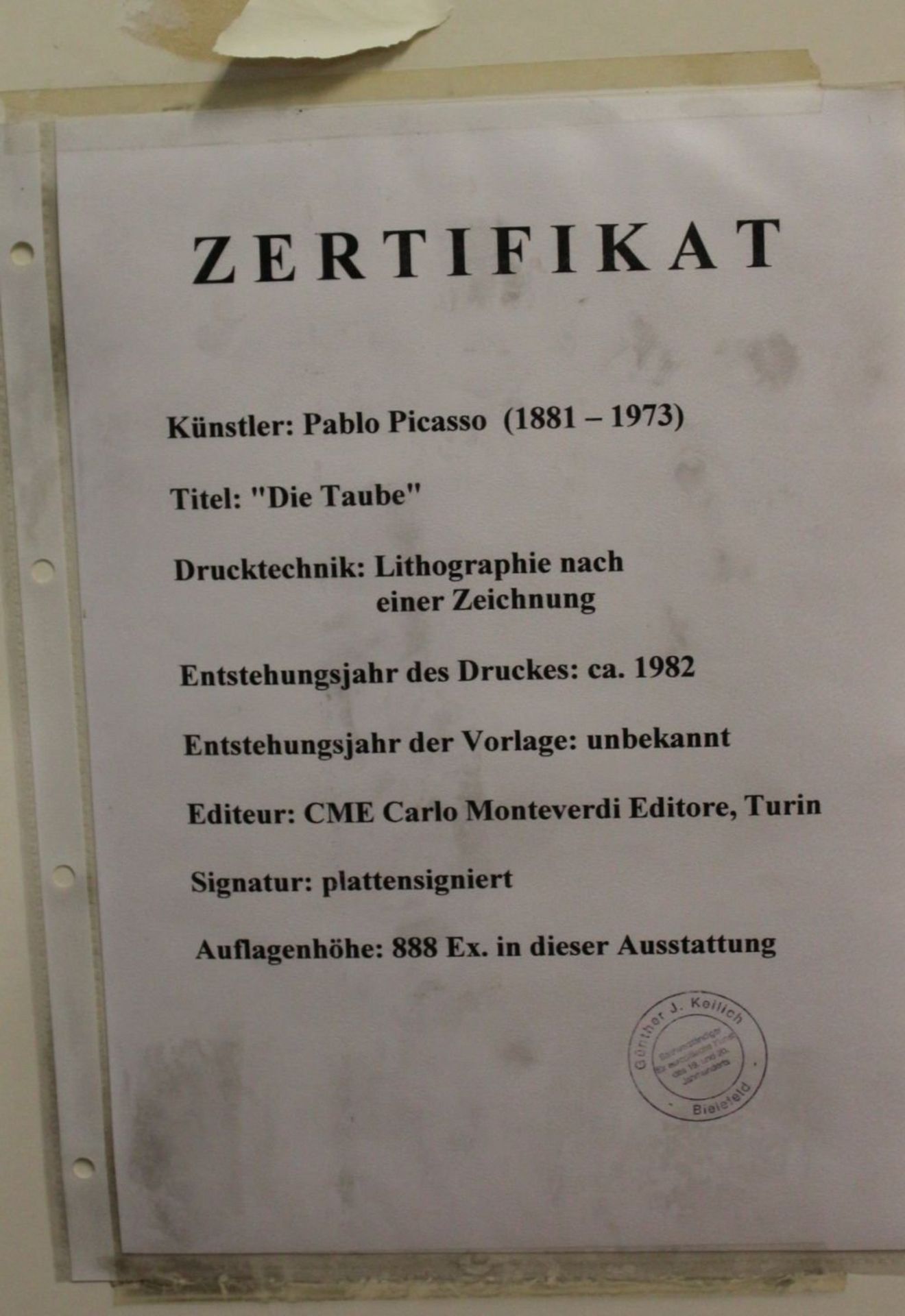 Pablo Picasso (1881-1973) Fliegende Taube mit Zweig, 28.12.1961, Farblithographie, gerahmt/Glas, - Bild 3 aus 4