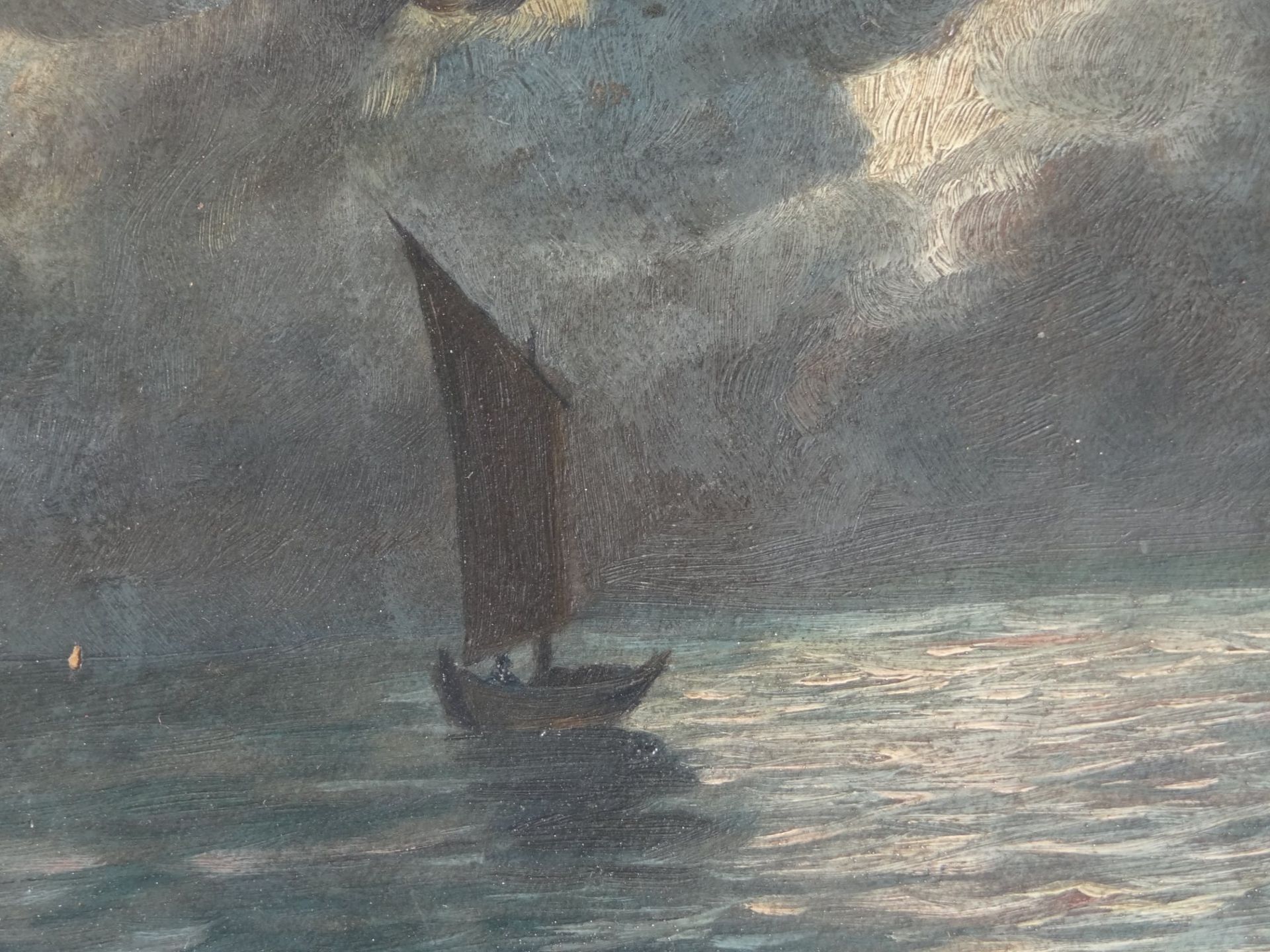 P. Röhr "Fischerboot in Mondnacht" Öl/Pappe, oval gerahmt, RG 43x33 cm, leicht restaurierungs - Bild 3 aus 5