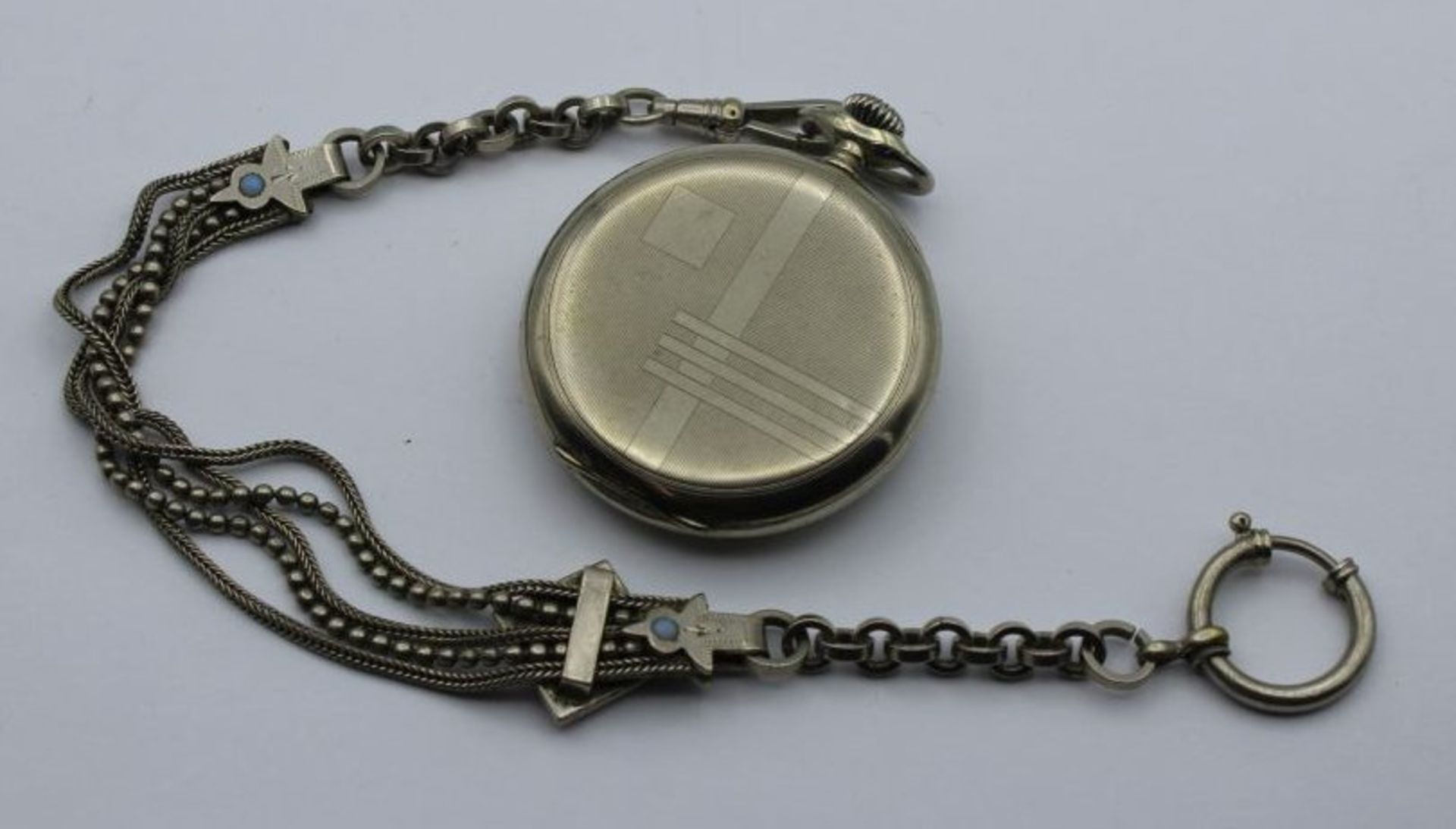 Taschenuhr, Langendorf, Nickelgehäuse, um 1920, an schöner Jugendstil-Uhrenkette, Kronenaufzug - Bild 2 aus 4