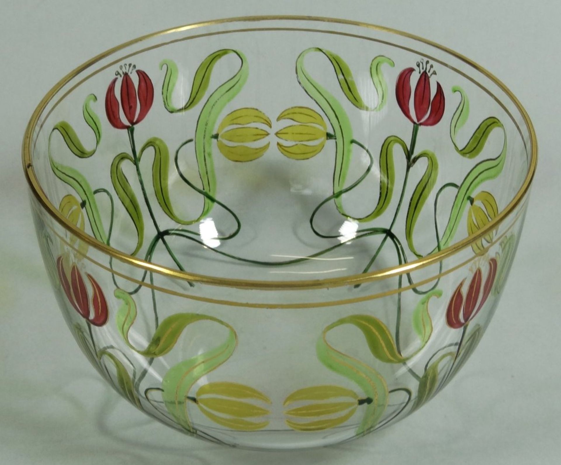 Jugendstil-Schale mit Emaillemalerei, Blumen, Entw. Ludwig SÜTTERLIN (1865-1917), Glasfabrik Fritz - Bild 4 aus 5