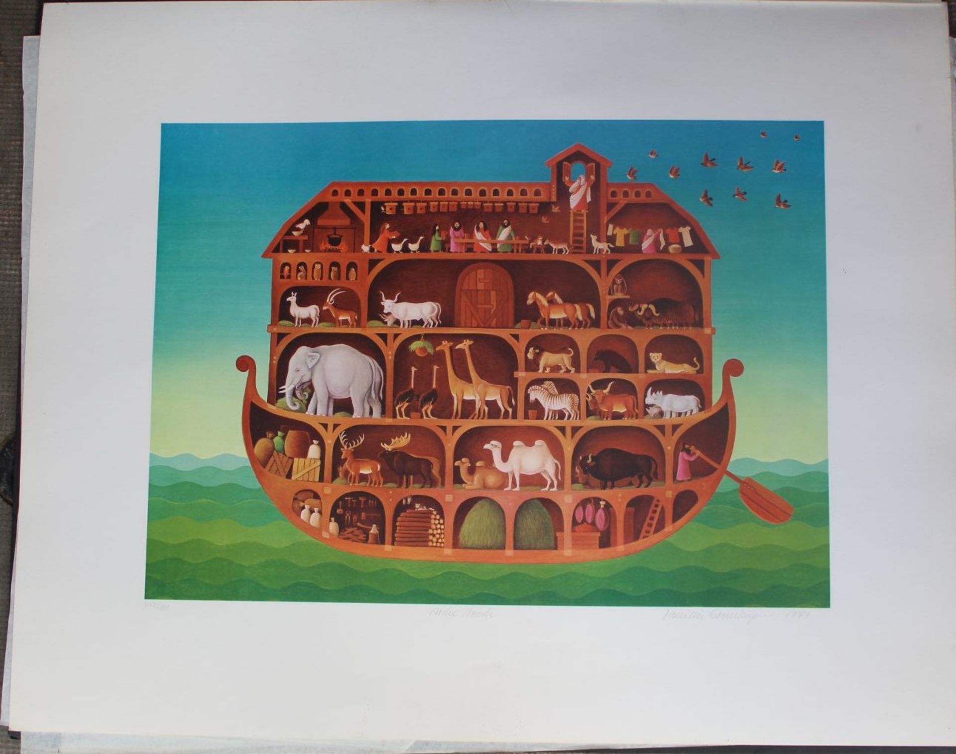 unleserl. sign. Lithografie, 1974, betitelt "Arche Noah" Nr.632/800, BG 55x70 cm