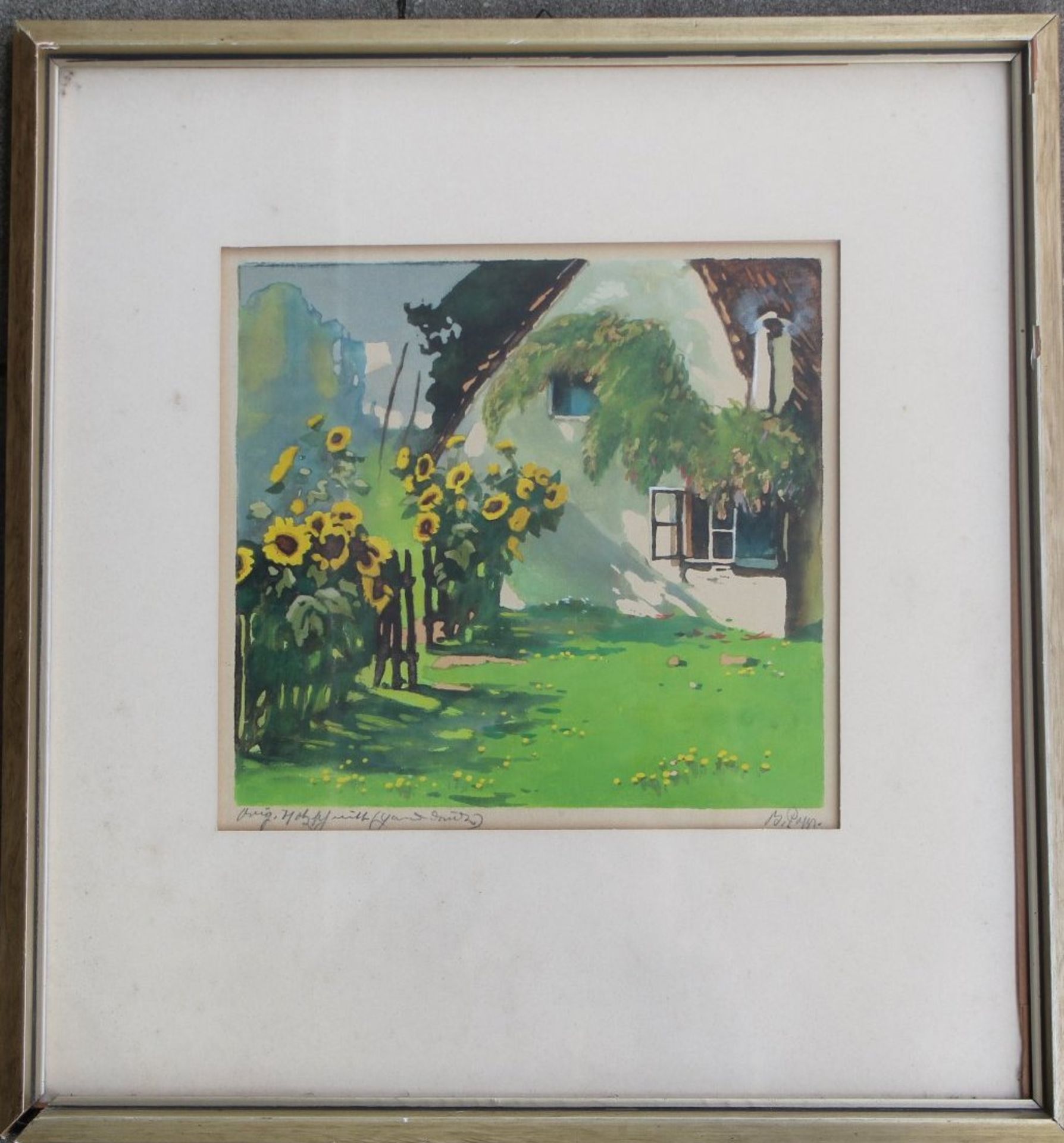 unleserl. sign. original Farbholzschnitt "Sonnenblumen", ger/Glas, RG 46x44 cm - Bild 2 aus 4