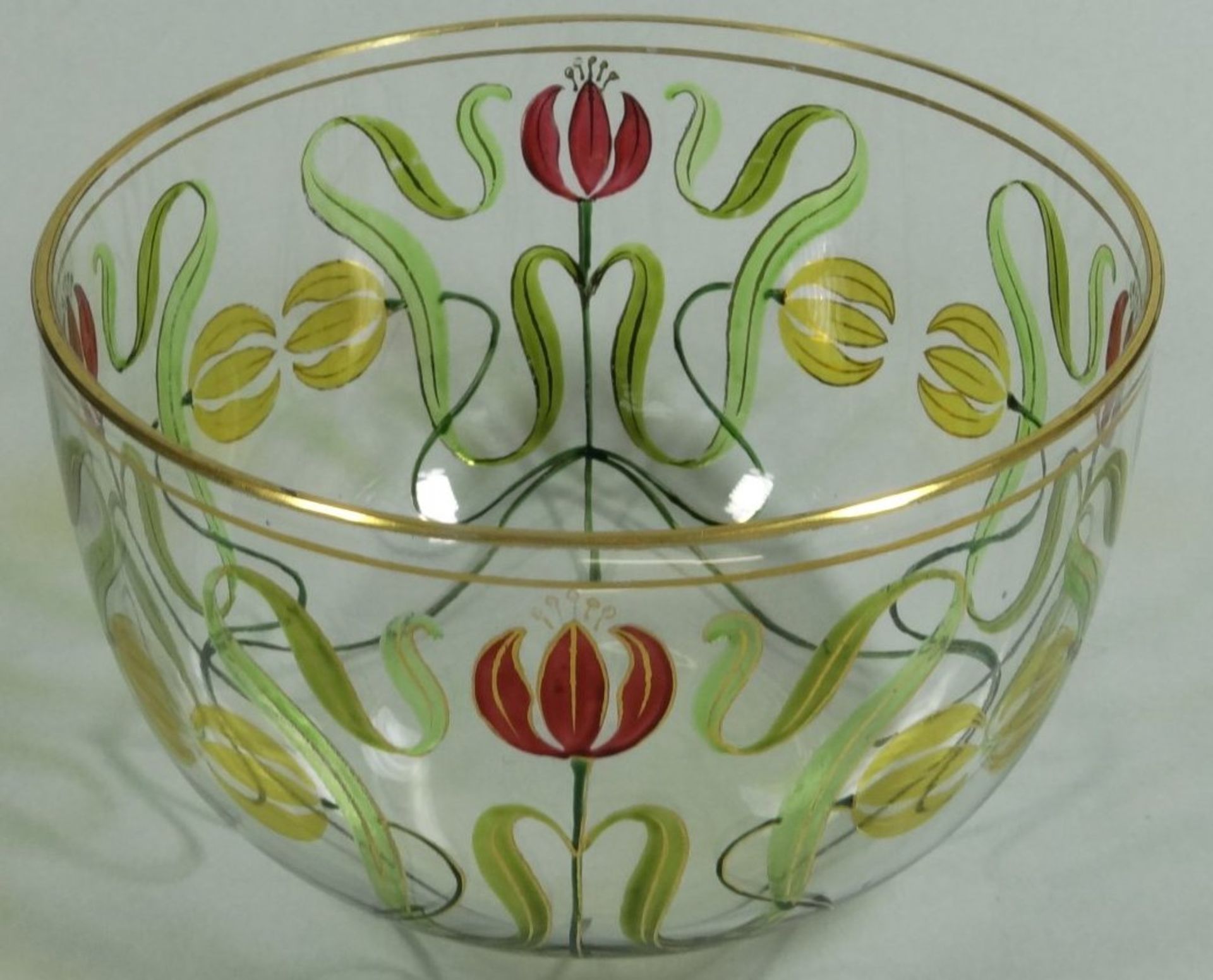 Jugendstil-Schale mit Emaillemalerei, Blumen, Entw. Ludwig SÜTTERLIN (1865-1917), Glasfabrik Fritz - Bild 2 aus 5