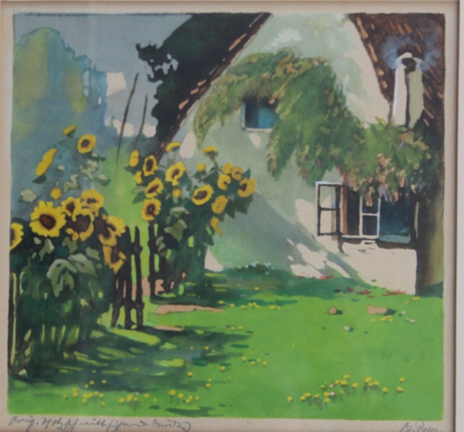 unleserl. sign. original Farbholzschnitt "Sonnenblumen", ger/Glas, RG 46x44 cm