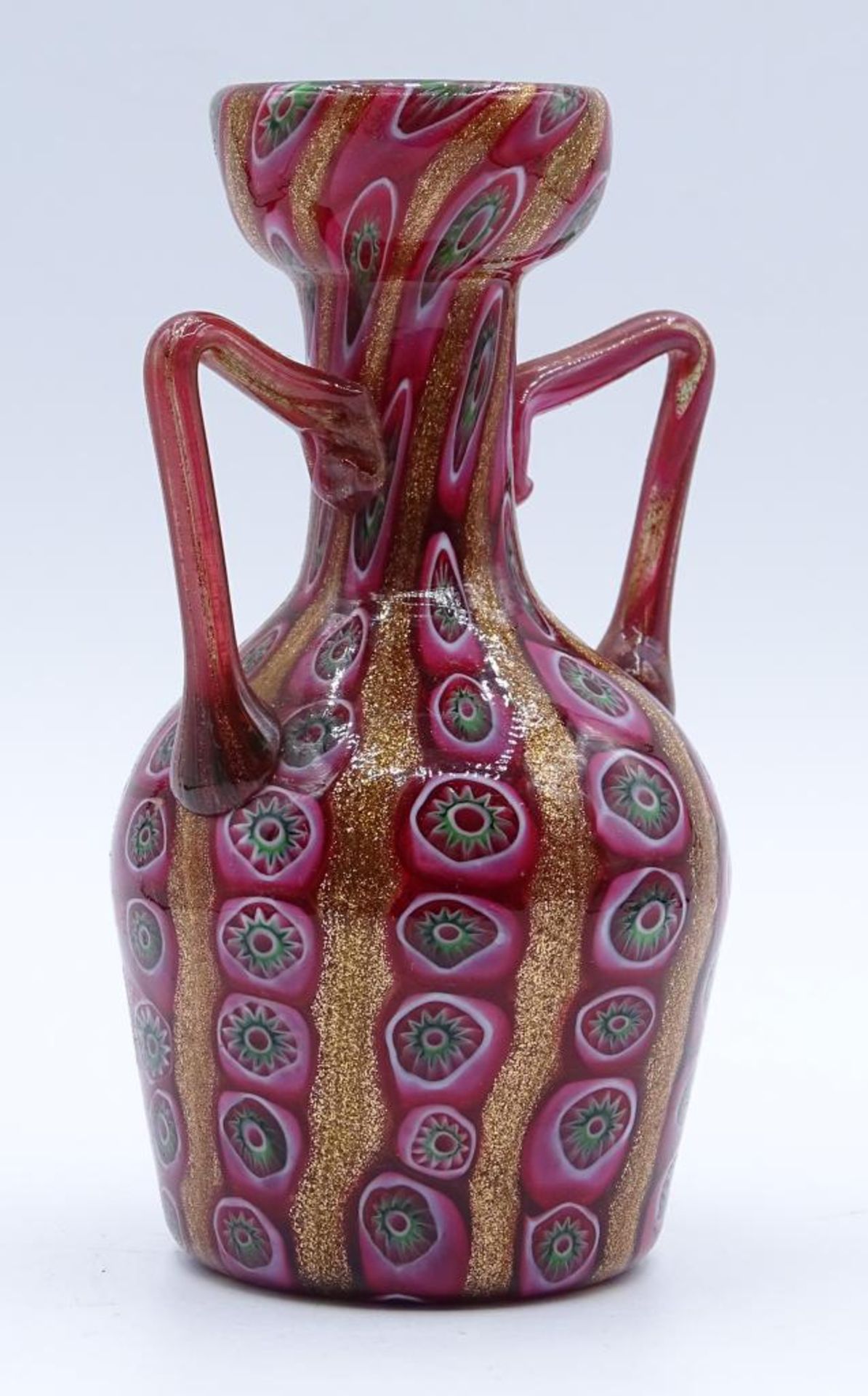 Kleine Doppelhenkelvase,Murano, "Murrine",Fratelli Toso,Goldfluss,H-11cm, - Bild 2 aus 3