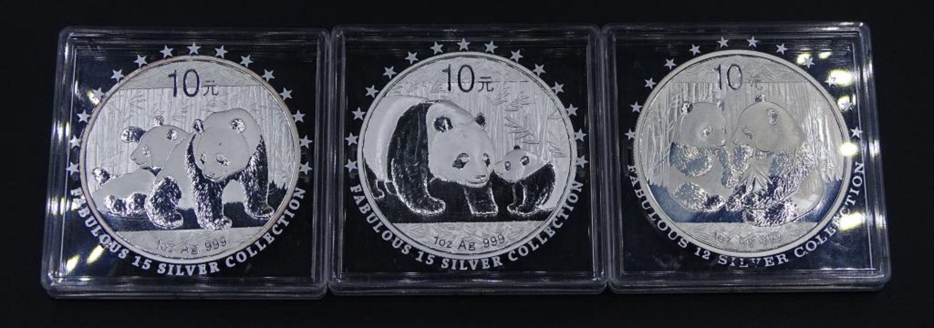 3x 10 Yuan Münzen,Pandas,China, 2009/2010/2011,in Kapsel