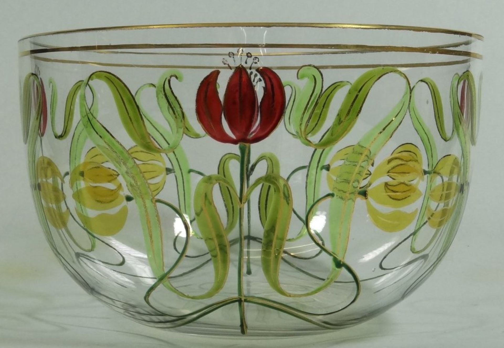 Jugendstil-Schale mit Emaillemalerei, Blumen, Entw. Ludwig SÜTTERLIN (1865-1917), Glasfabrik Fritz