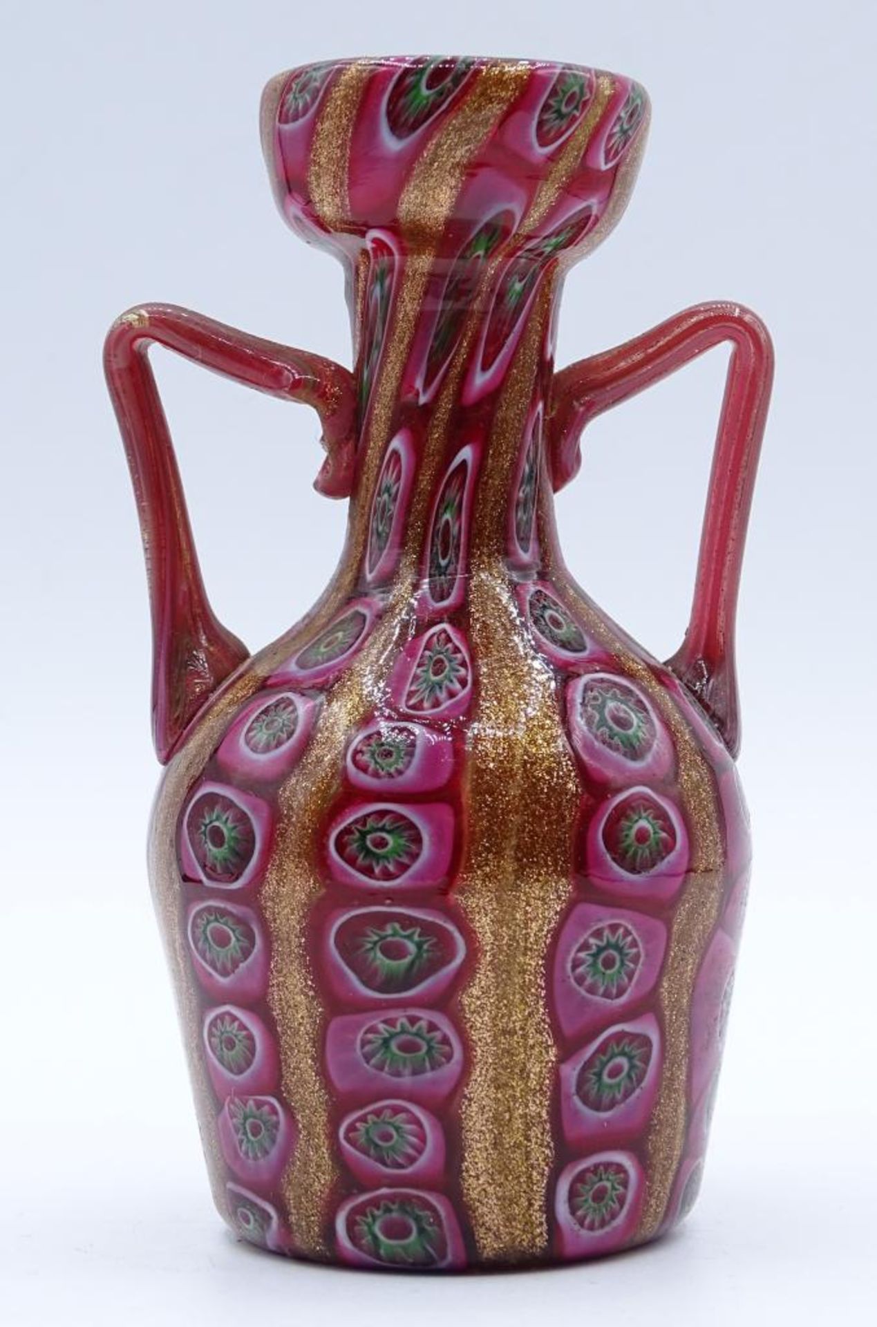 Kleine Doppelhenkelvase,Murano, "Murrine",Fratelli Toso,Goldfluss,H-11cm,