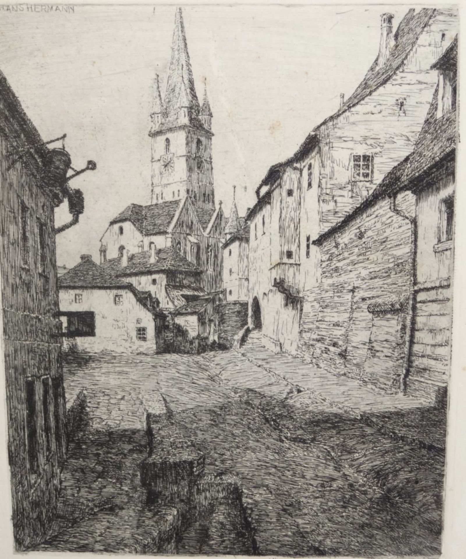 Hans HERRMANN (1858-1942) "Altstadt in Sibin" orig. Radierung, ger/Glas, RG 32x25 cm - Bild 2 aus 6