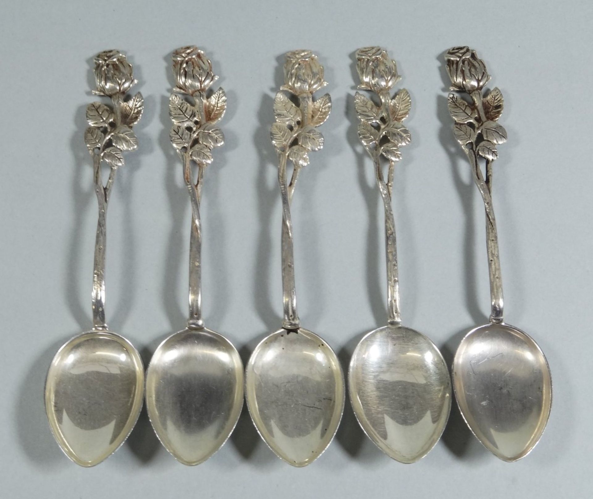 5x Teelöffel, Silber-800-, Rosenmuster, L-11 cm, 61 gr