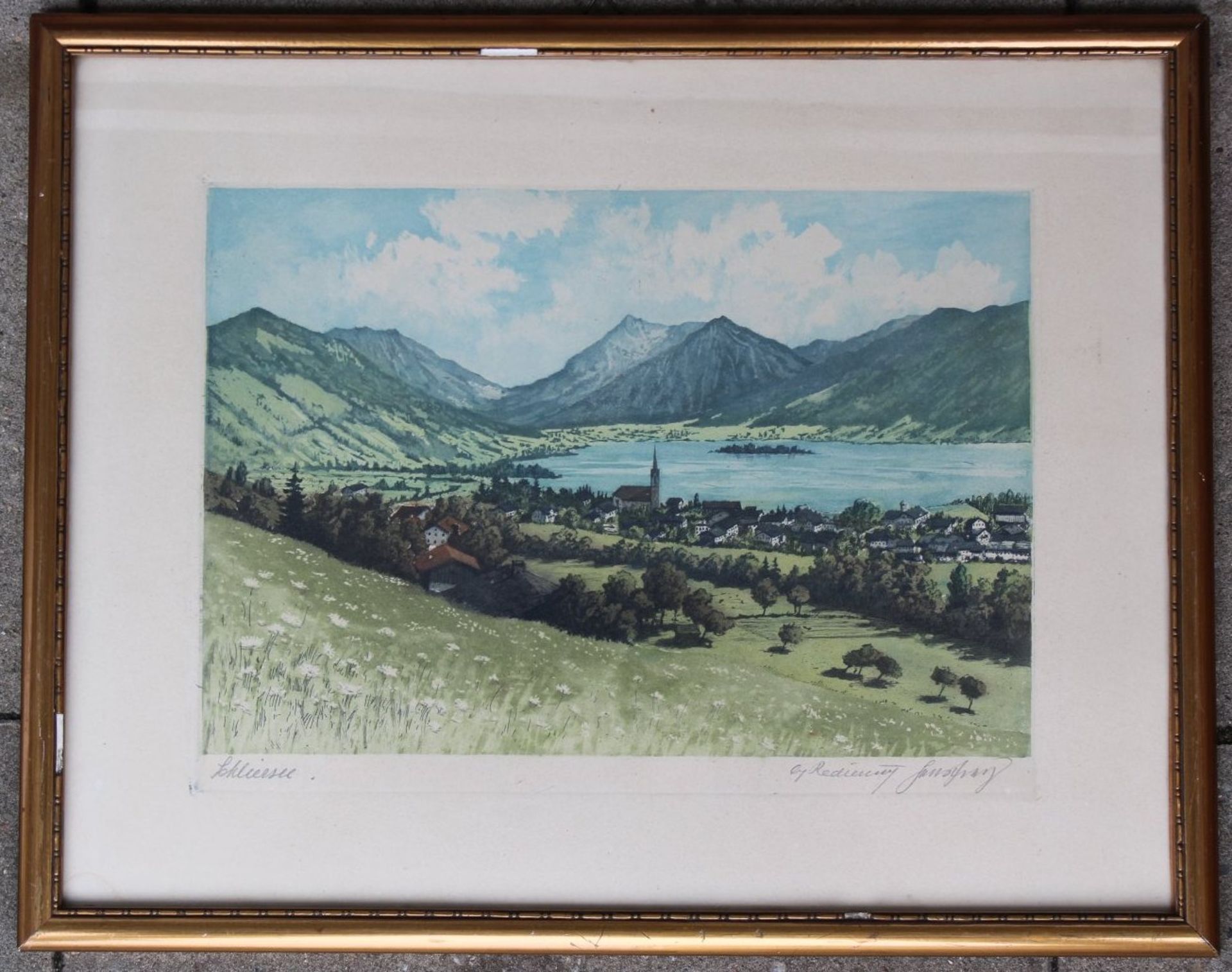 unleserl. signierte aquarellierte Farbradierung "Schlieersee", ger/Glas, RG 33x42 cm