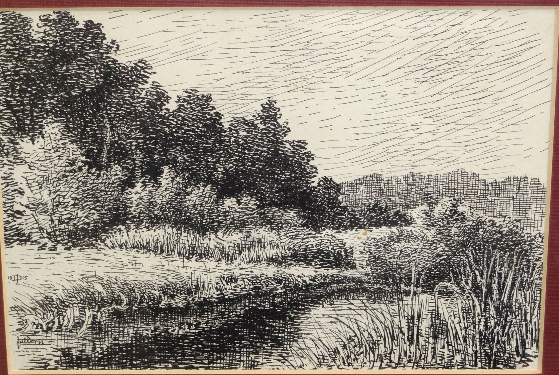 J. Dorn, 1915, "Waldlandschaft" Federzeichnung, , ger/Glas, RG 23x29 cm - Bild 2 aus 5