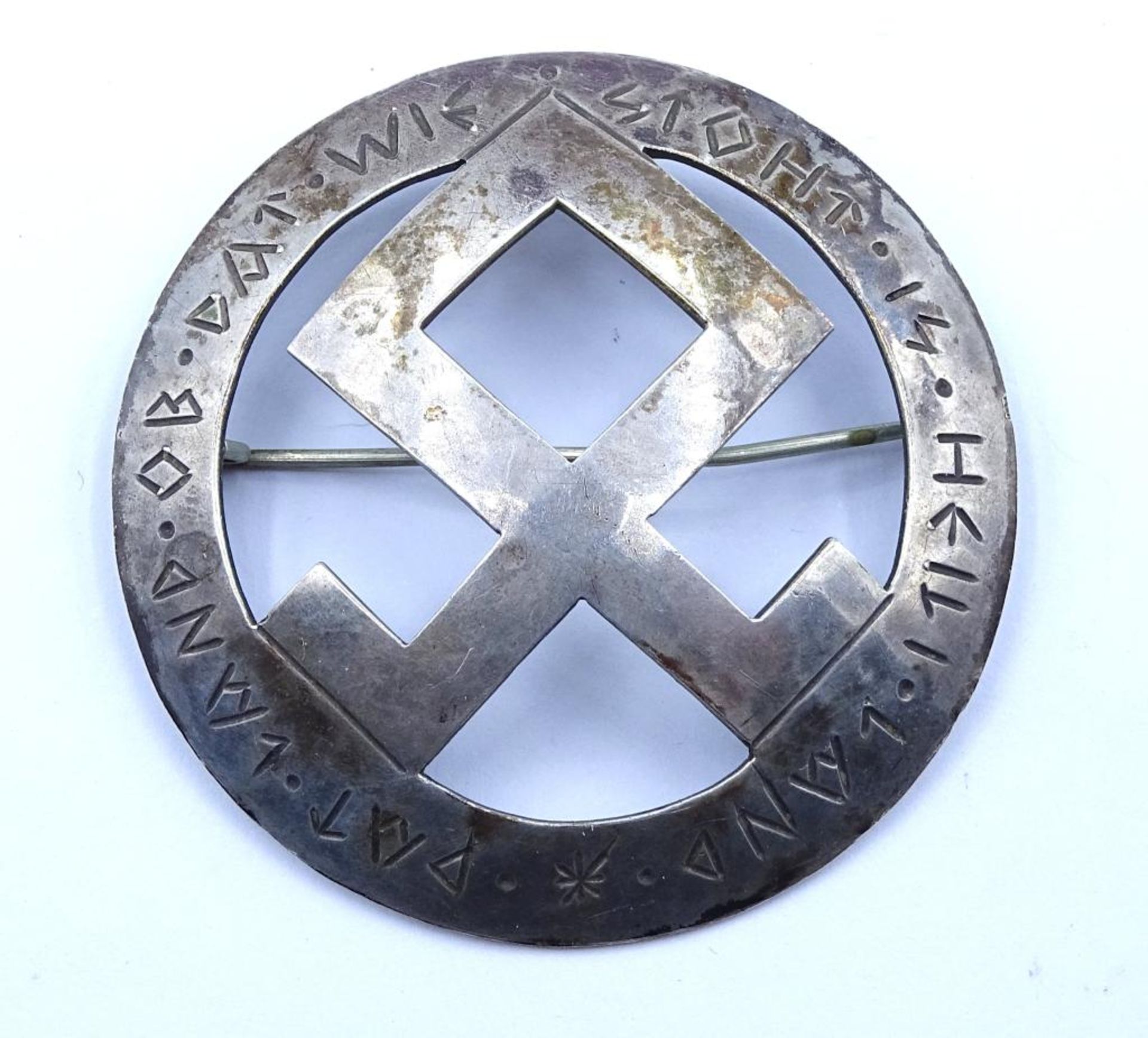 Silber Brosche mit einer Odalrune und Plattdeutschen Spruch,Handarbeit,d-4,2cm
